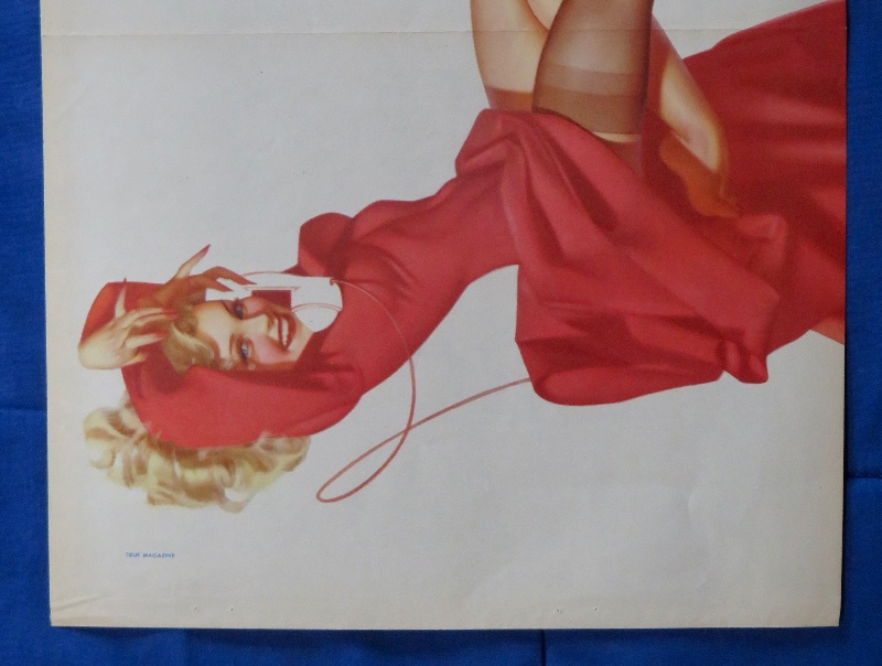 Original 1945 Sexy Pin Up Girl Wearing A Red Dress While Laying On Her Back While On The Telephone By George Petty