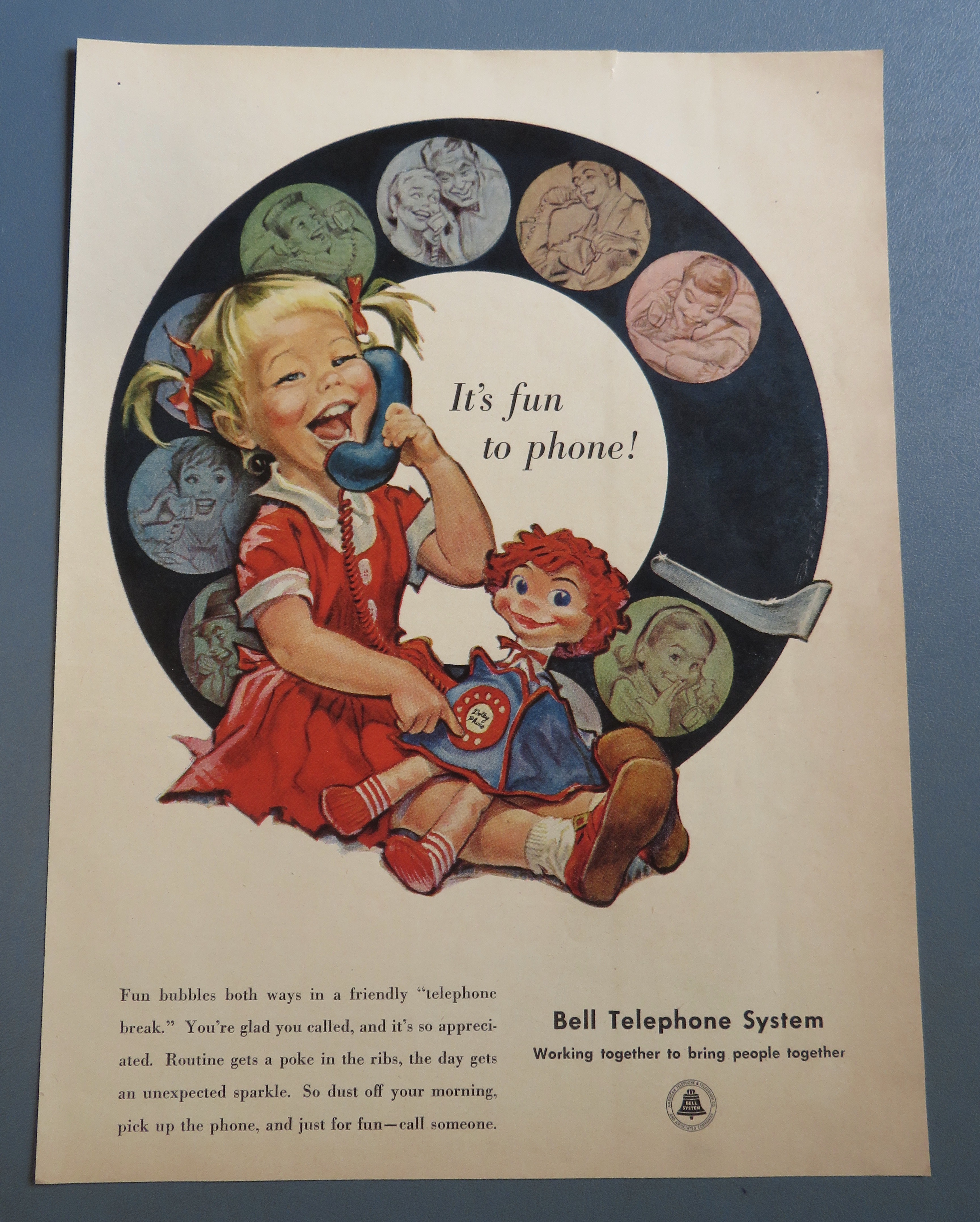 1958 Bell Telephone System w/ Little Girl & Play Phone