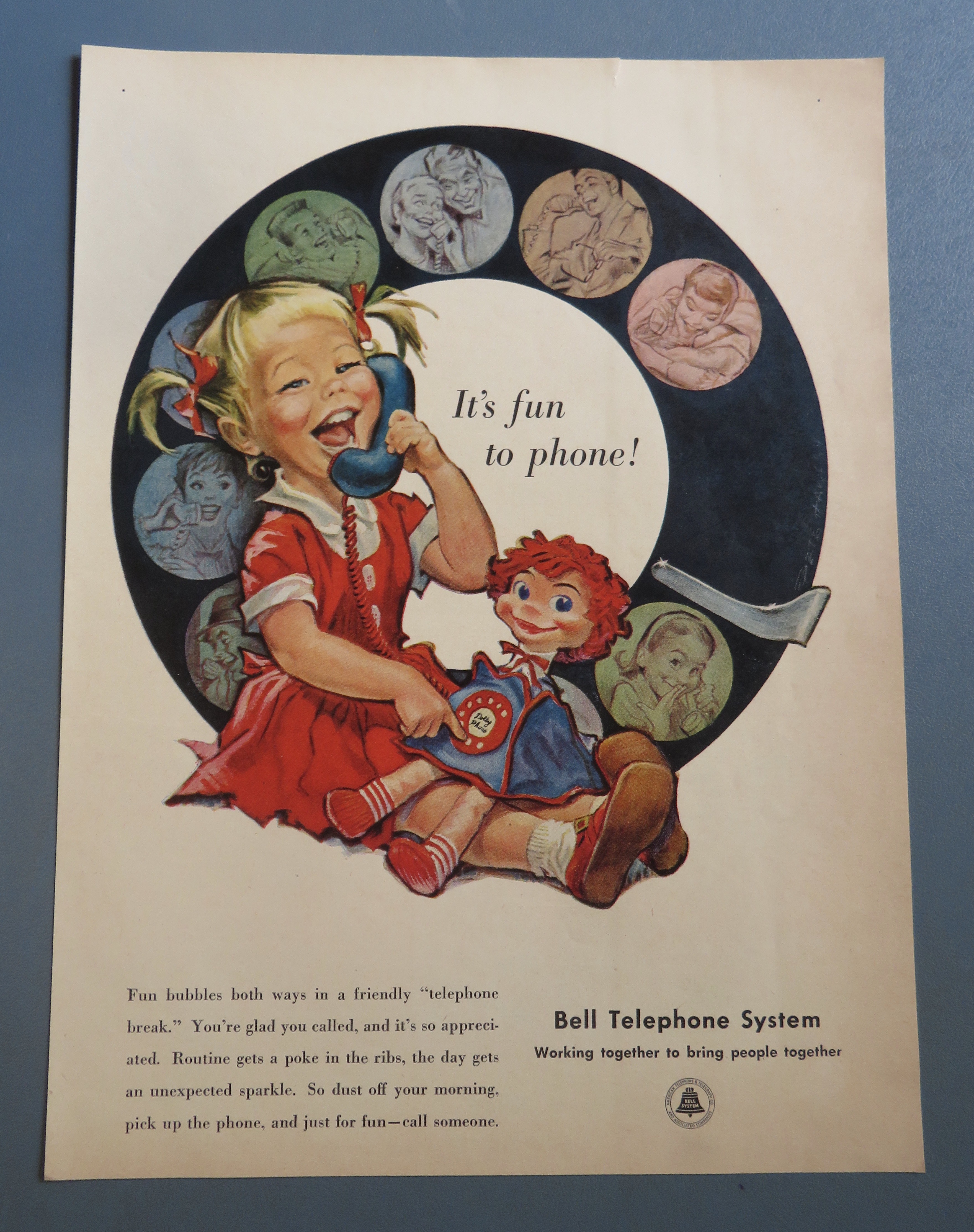 1958 Bell Telephone System w/ Little Girl & Play Phone