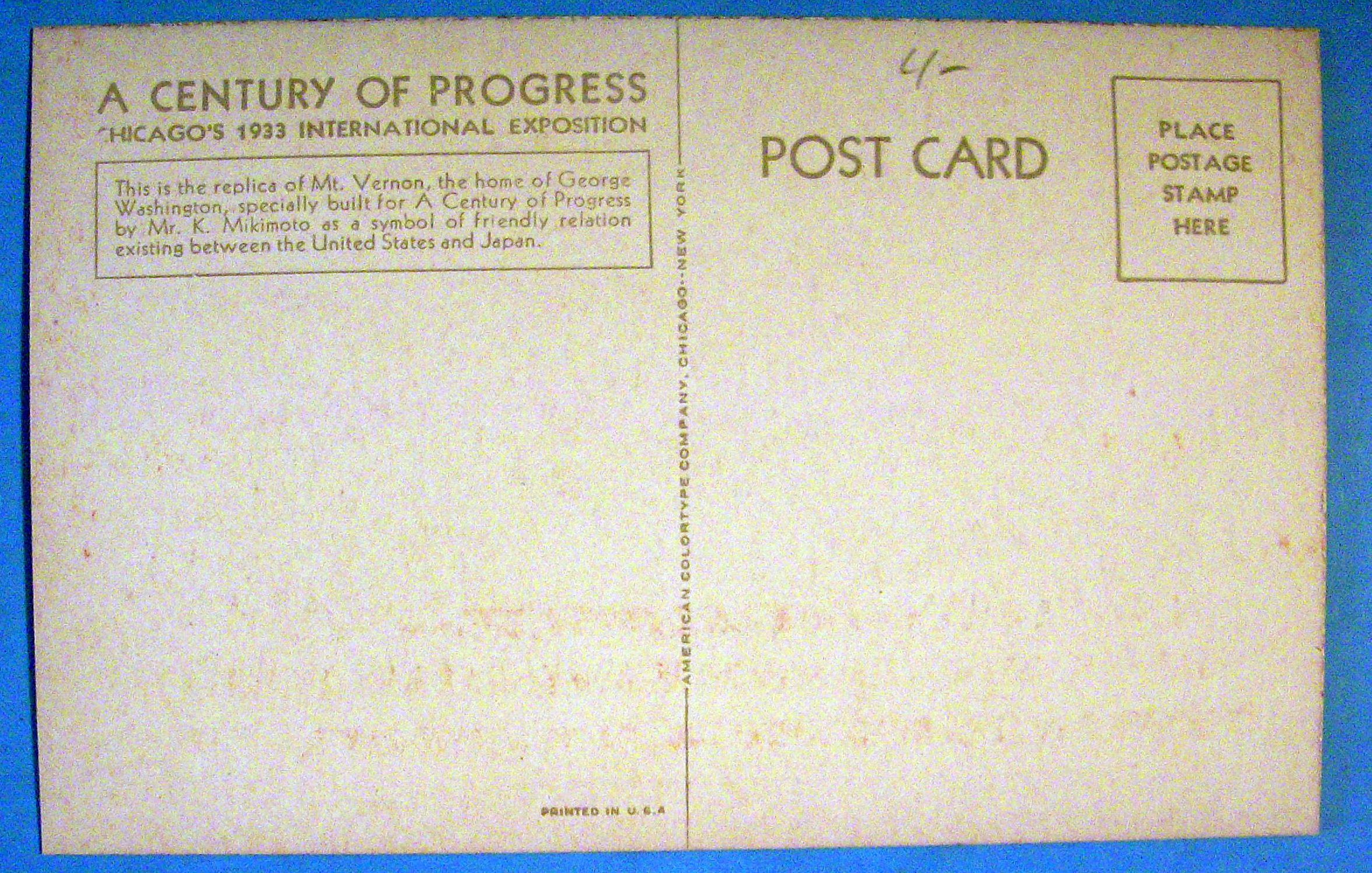 1933 Century of Progress Replica of Mt. Vernon Postcard