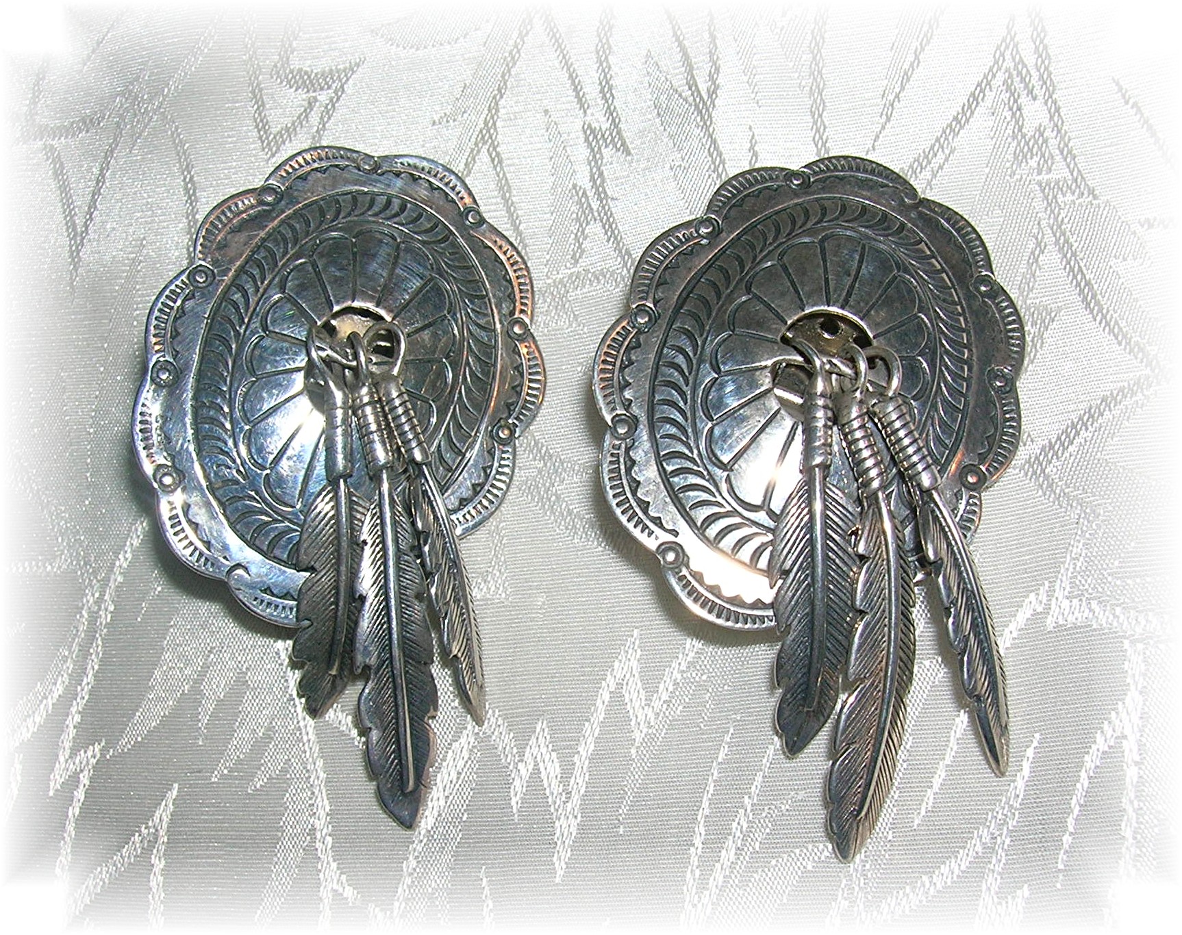 Navajo Sterling Silver Concho Feathers Clip Earrings