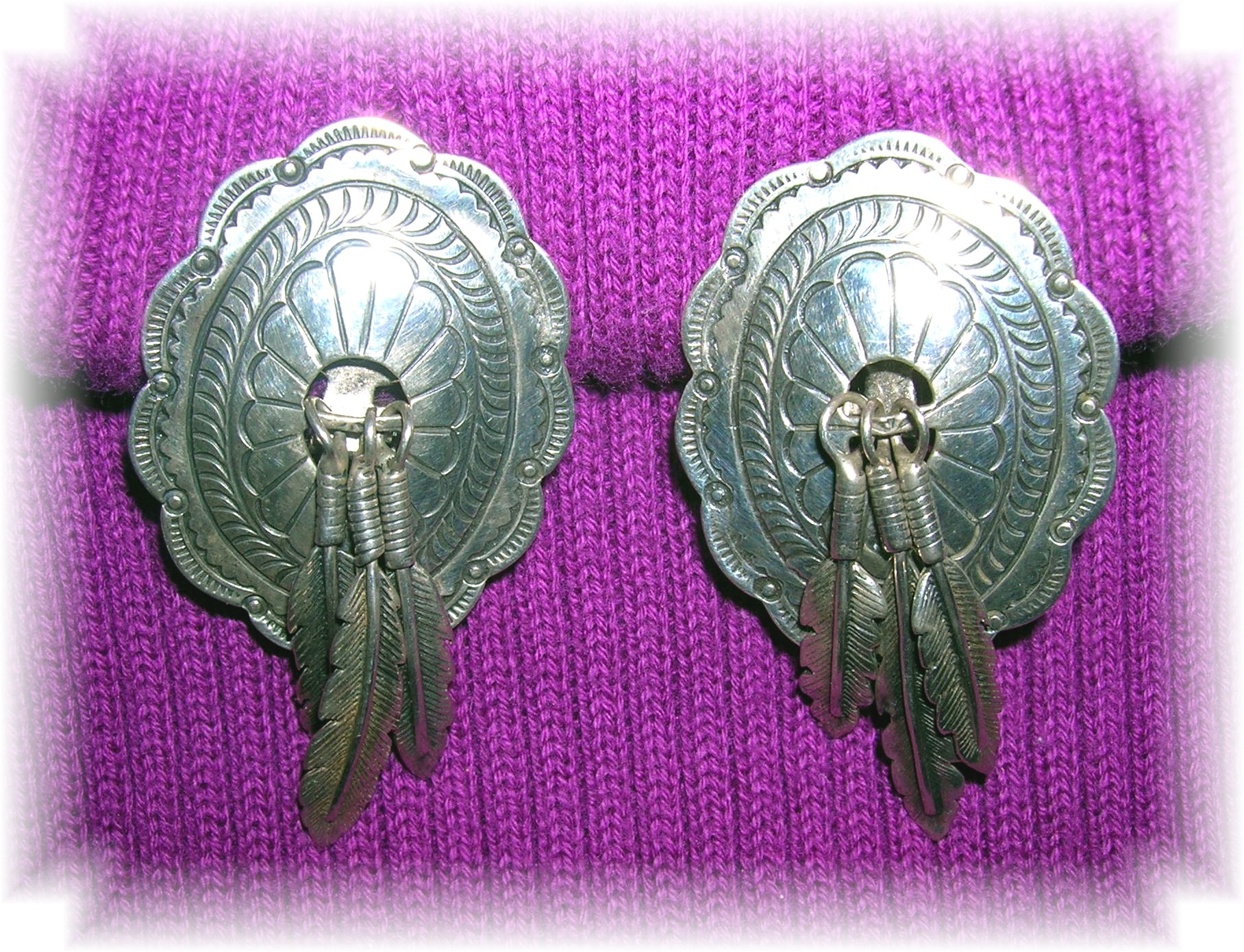 Navajo Sterling Silver Concho Feathers Clip Earrings