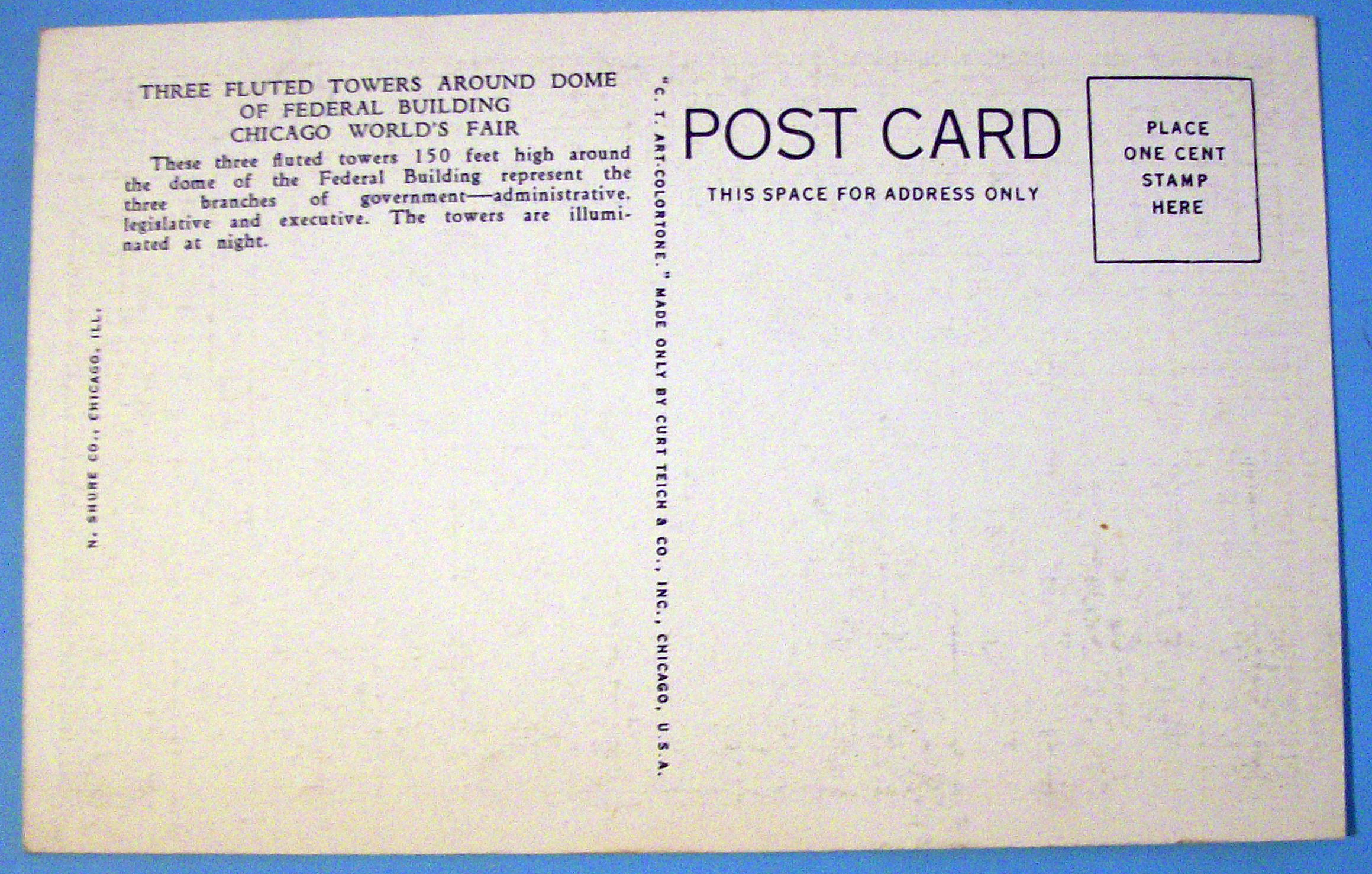 1933 Century of Progress, Three Fluted Tower Postcard