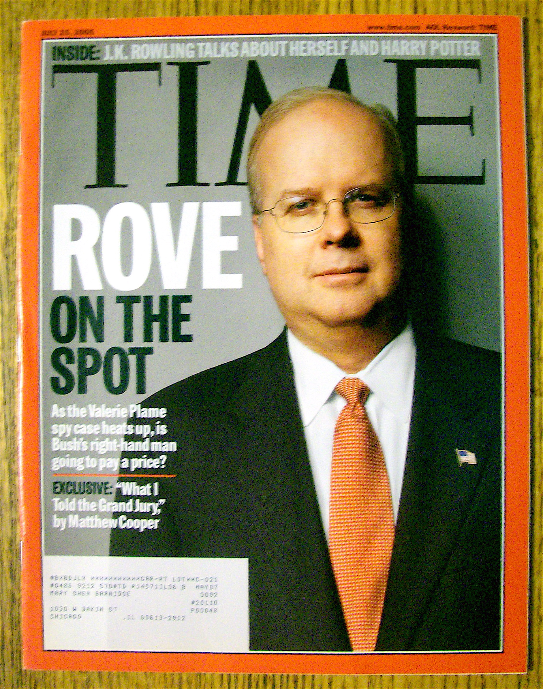 Time Magazine July 25, 2005 Karl Rove On The Spot