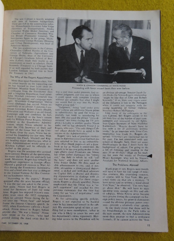 Time Magazine December 20, 1968 William Rogers: Nixon's Secretary of State