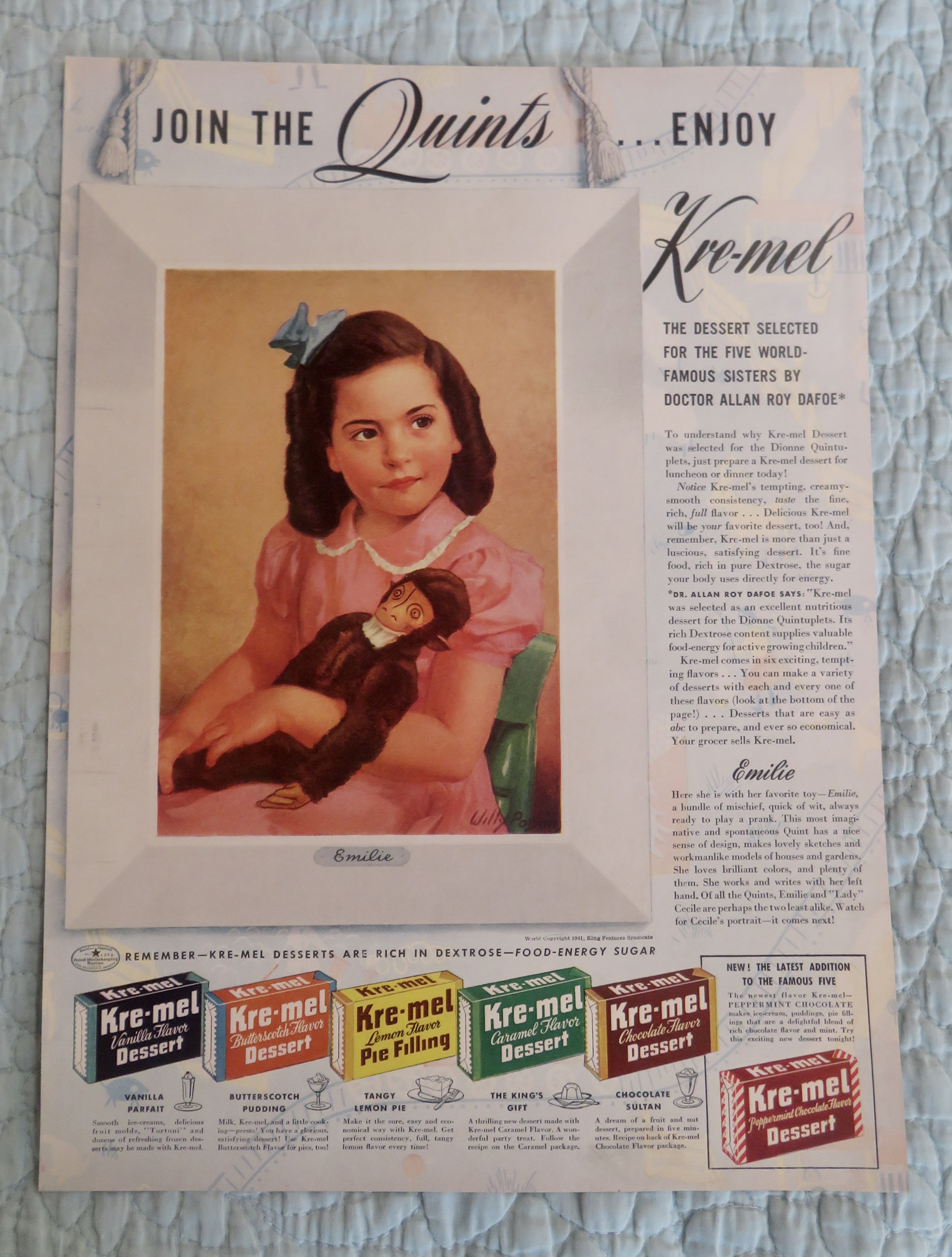 1941 Kre-mel Dessert with one of the Quint's Emilie
