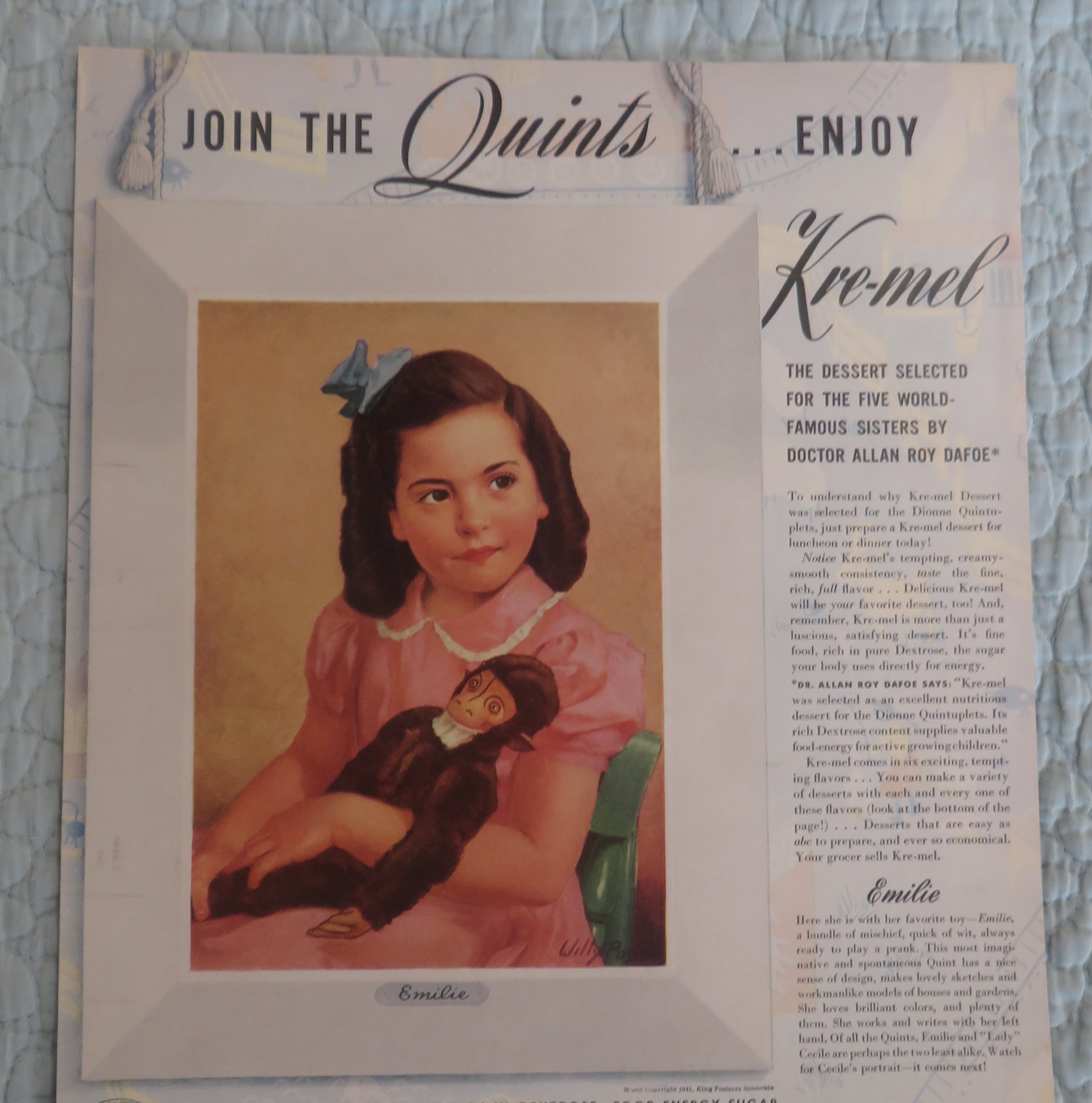 1941 Kre-mel Dessert with one of the Quint's Emilie
