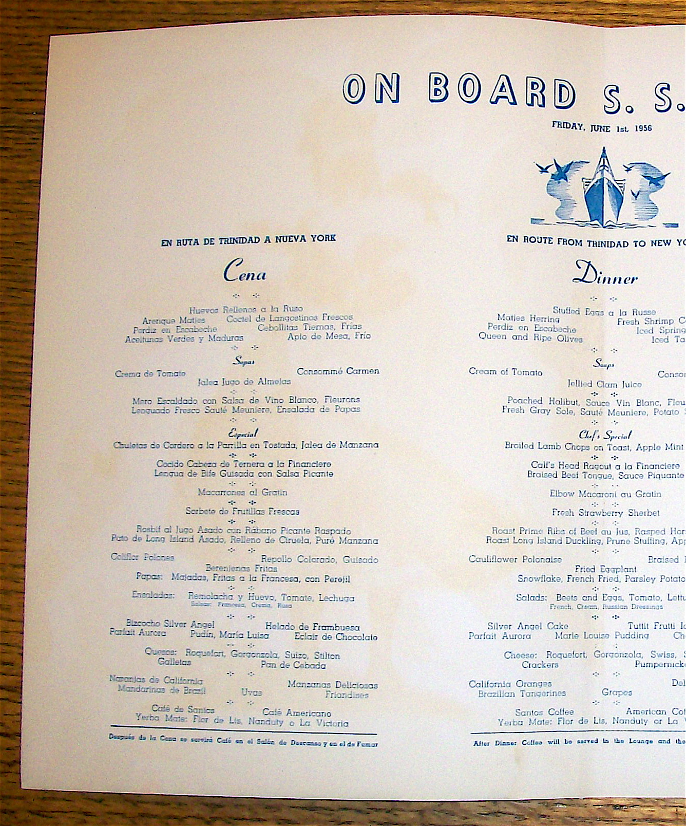 S. S. Brazil Menu (Moore Mc Cormack Lines) June 1, 1956