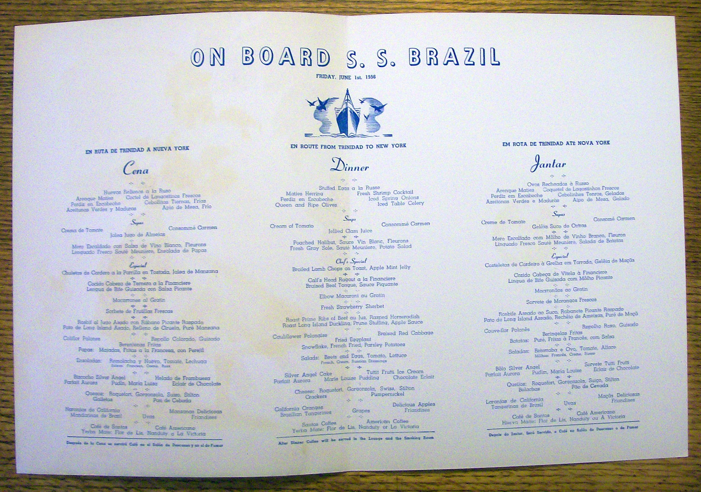 S. S. Brazil Menu (Moore Mc Cormack Lines) June 1, 1956