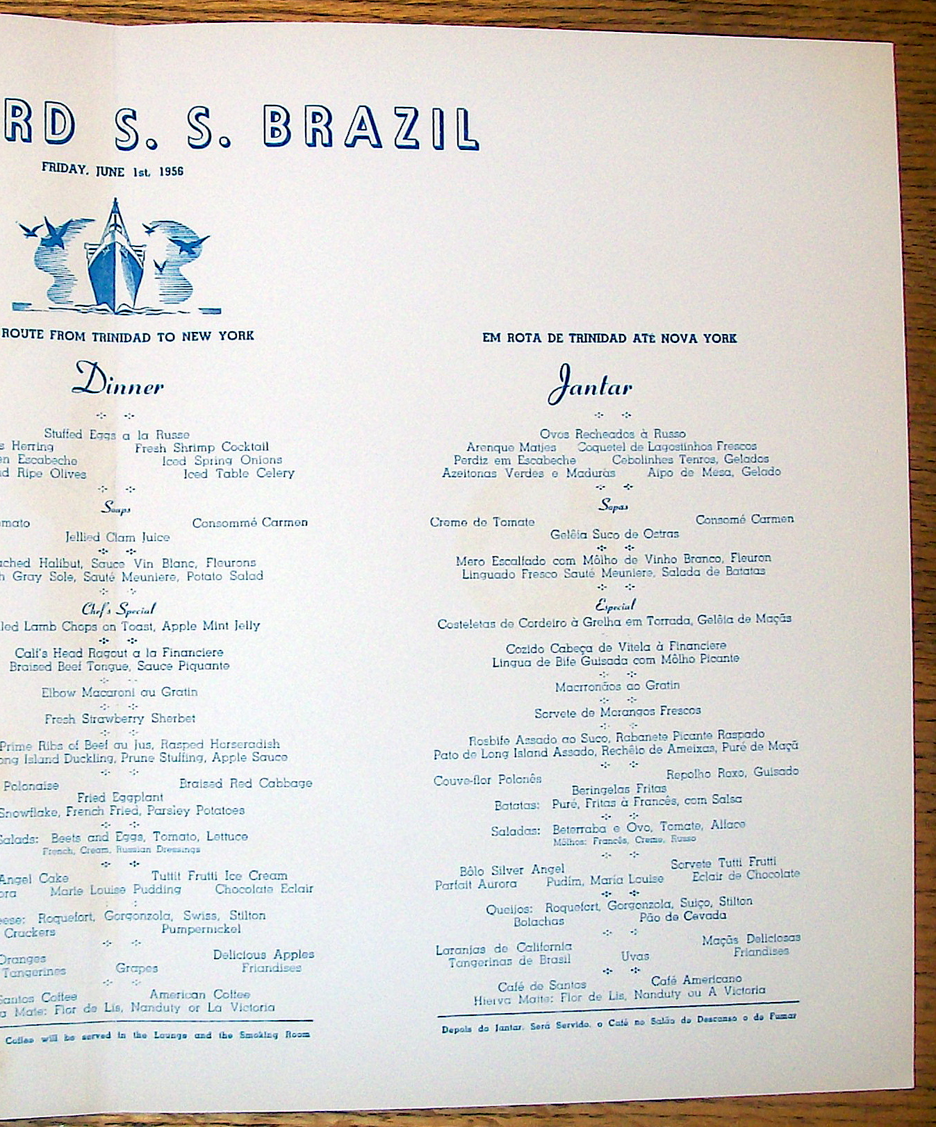 S. S. Brazil Menu (Moore Mc Cormack Lines) June 1, 1956