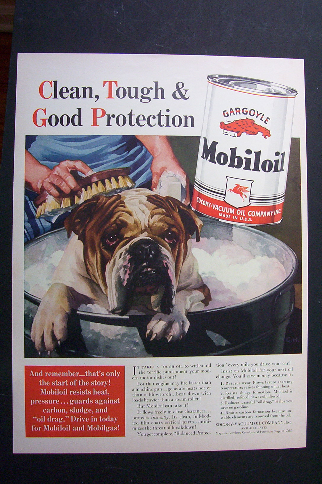 1940 Gargoyle Mobil Oil w/Dog Getting A Bath in Bucket