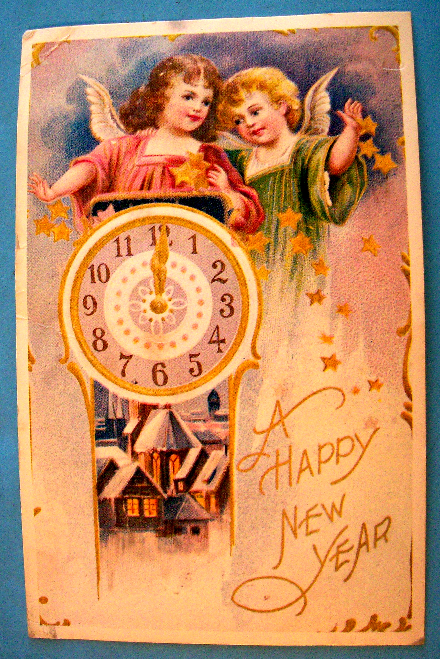 A Happy New Year Postcard with Two Angels & Clock