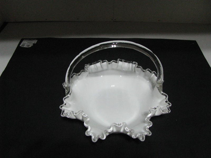 Vintage Fenton Silver Crest Milk Glass Basket with Clear Applied Handle