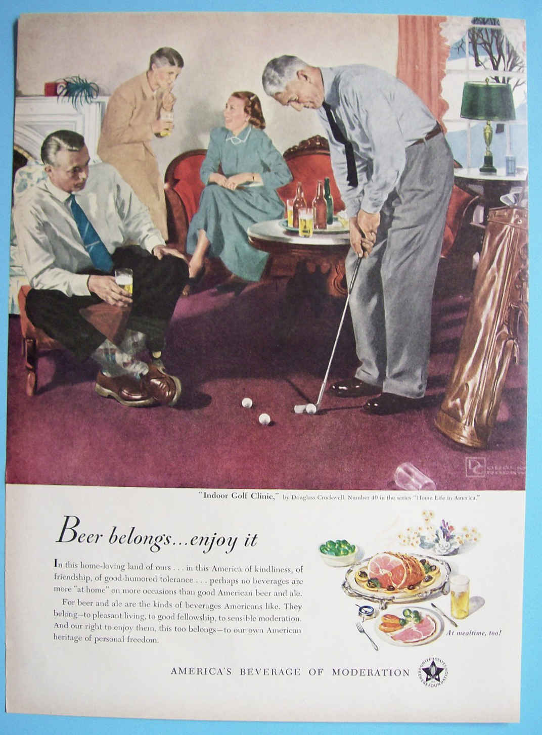 1950 Beer Belongs Indoor Golf Clinic Douglas Crockwell