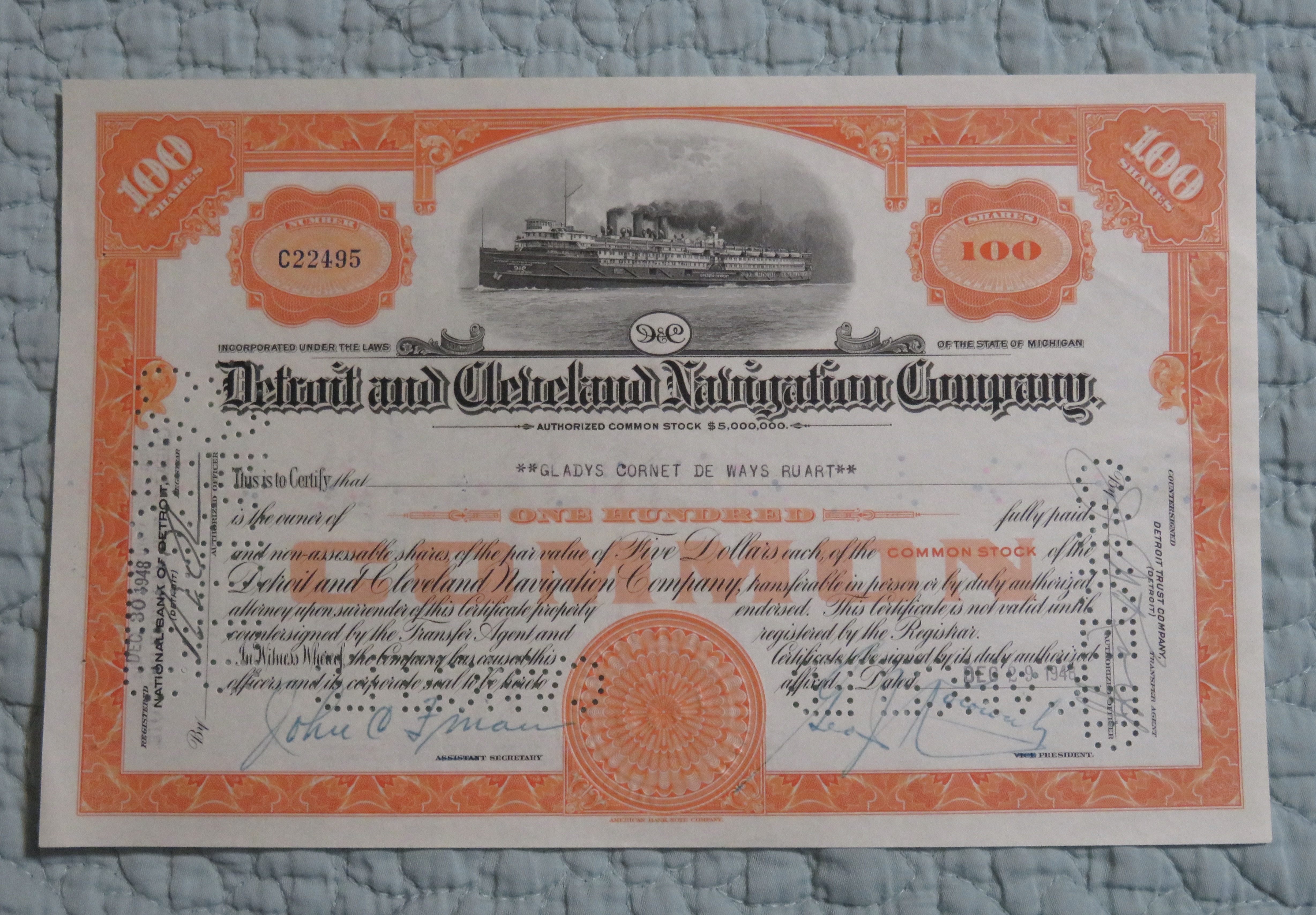 1948 Detroit & Cleveland Navigation Co Stock