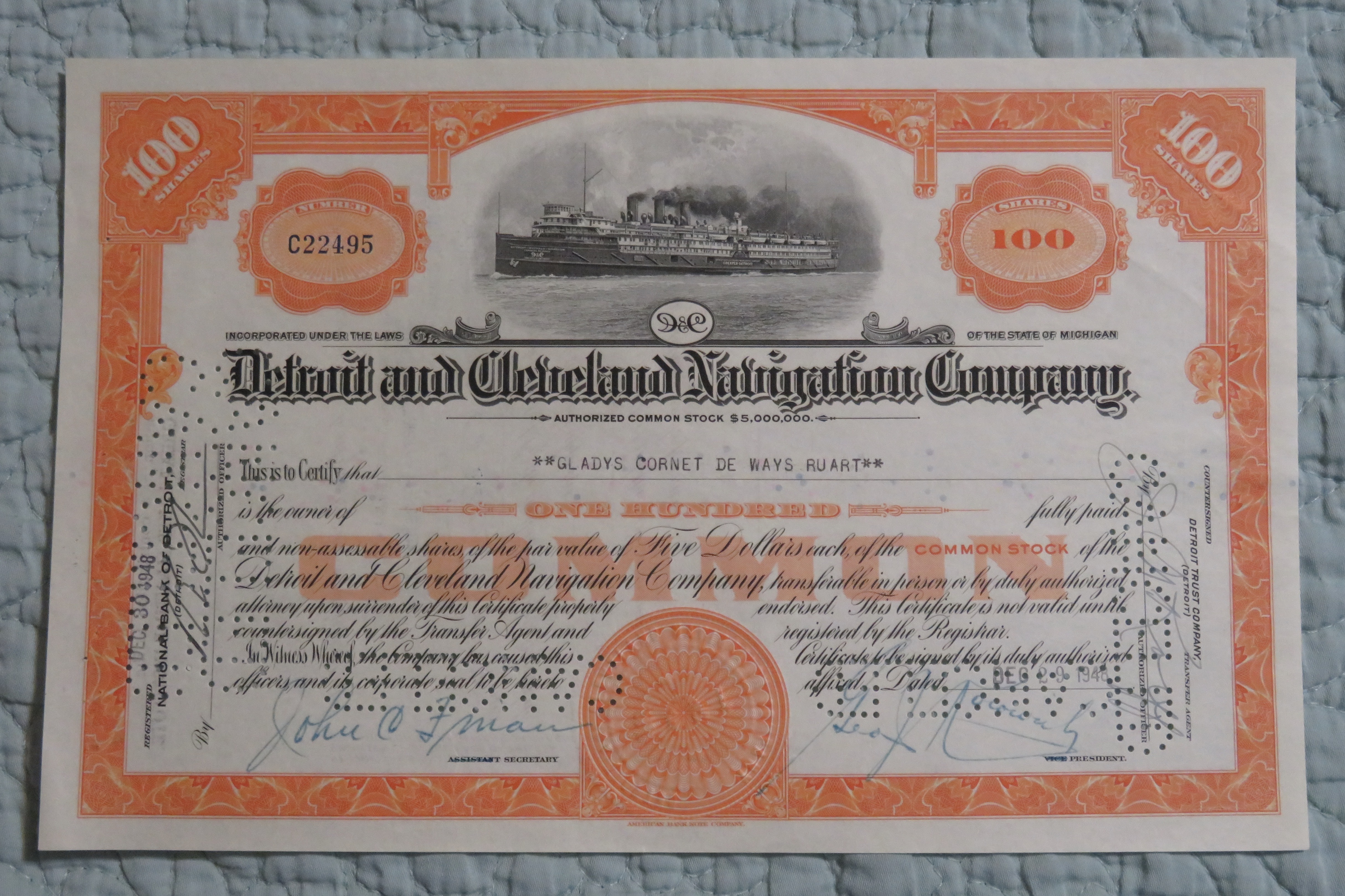 1948 Detroit & Cleveland Navigation Co Stock