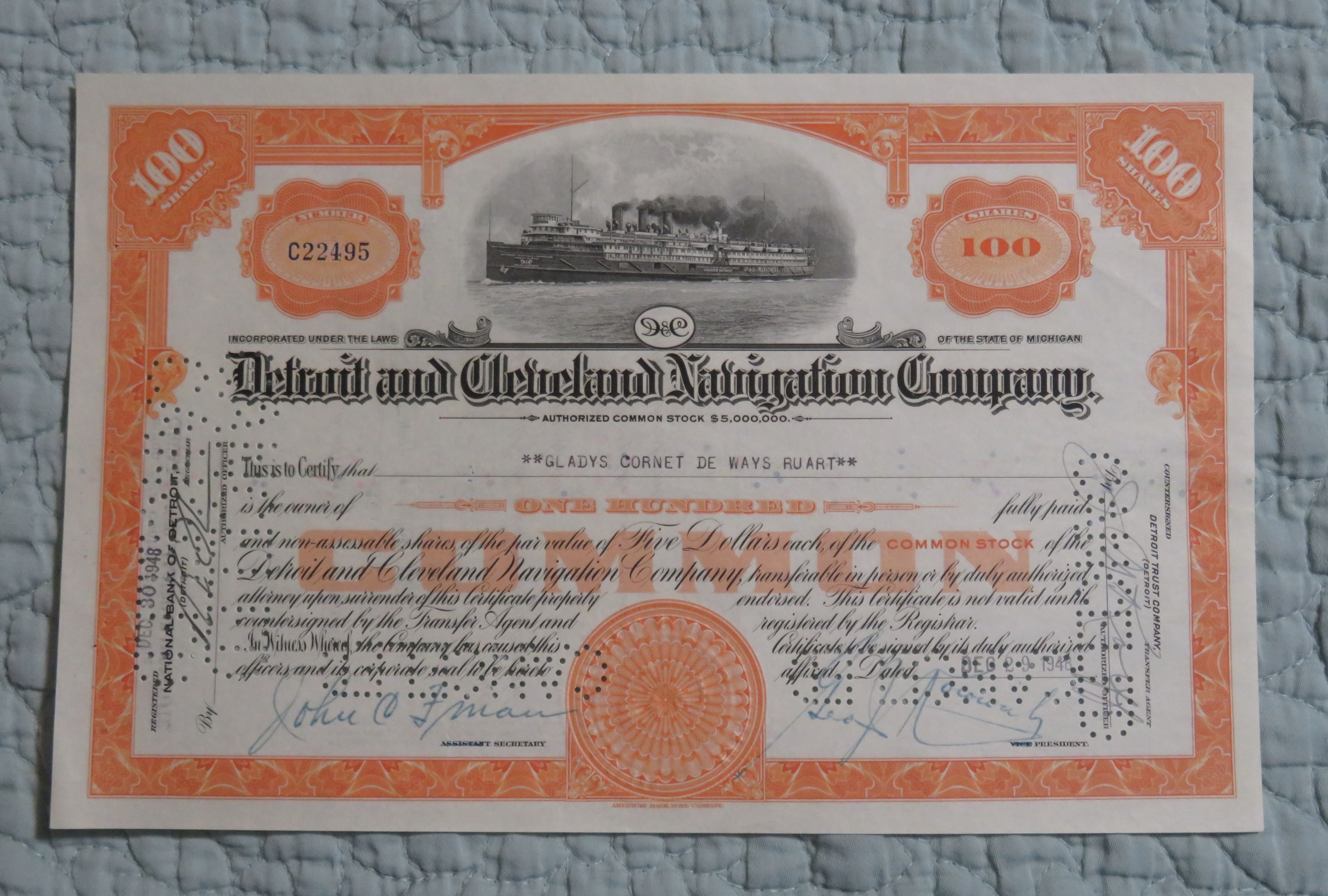 1948 Detroit & Cleveland Navigation Co Stock