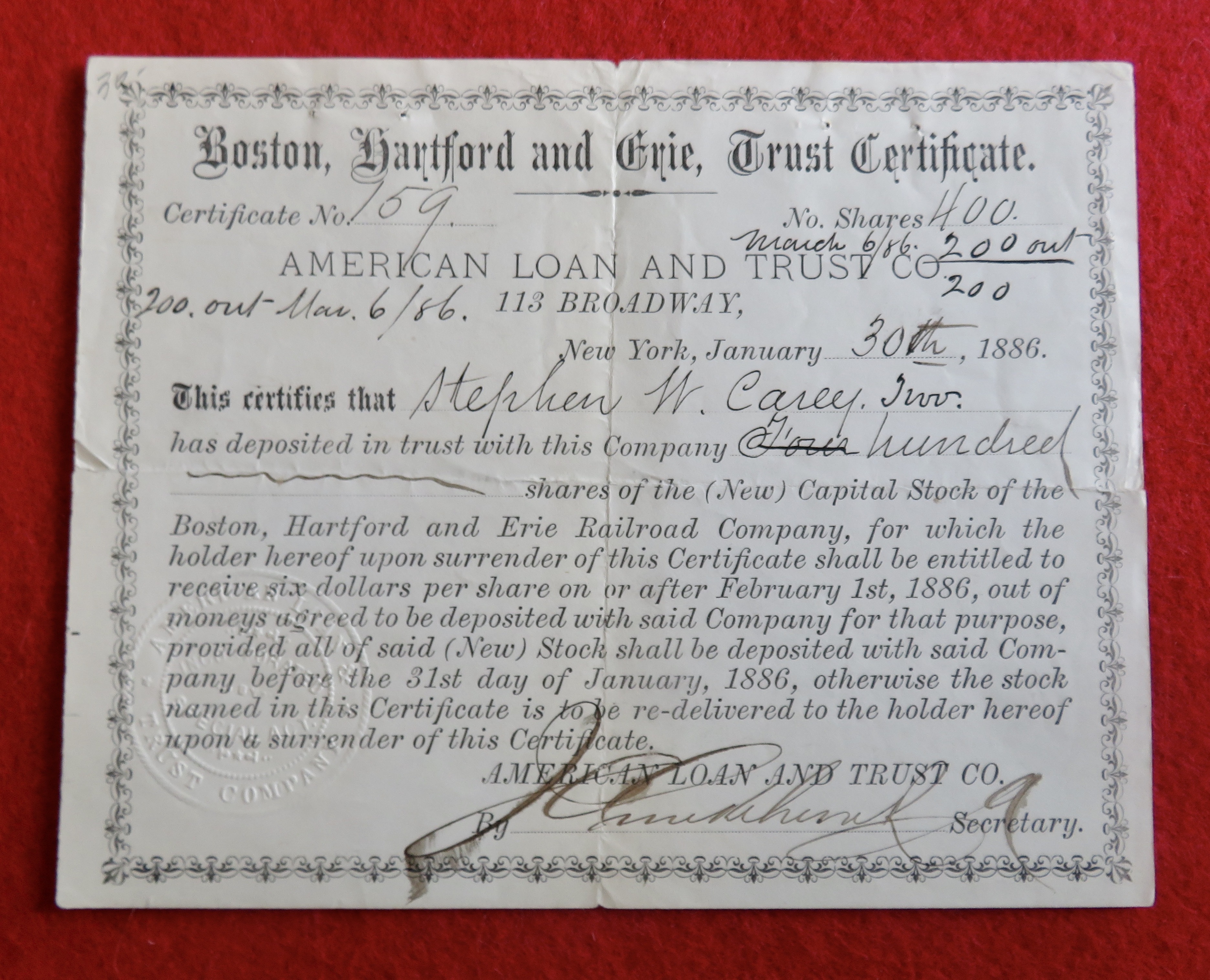 1886 Boston, Hartford & Erie Trust Stock Certificate