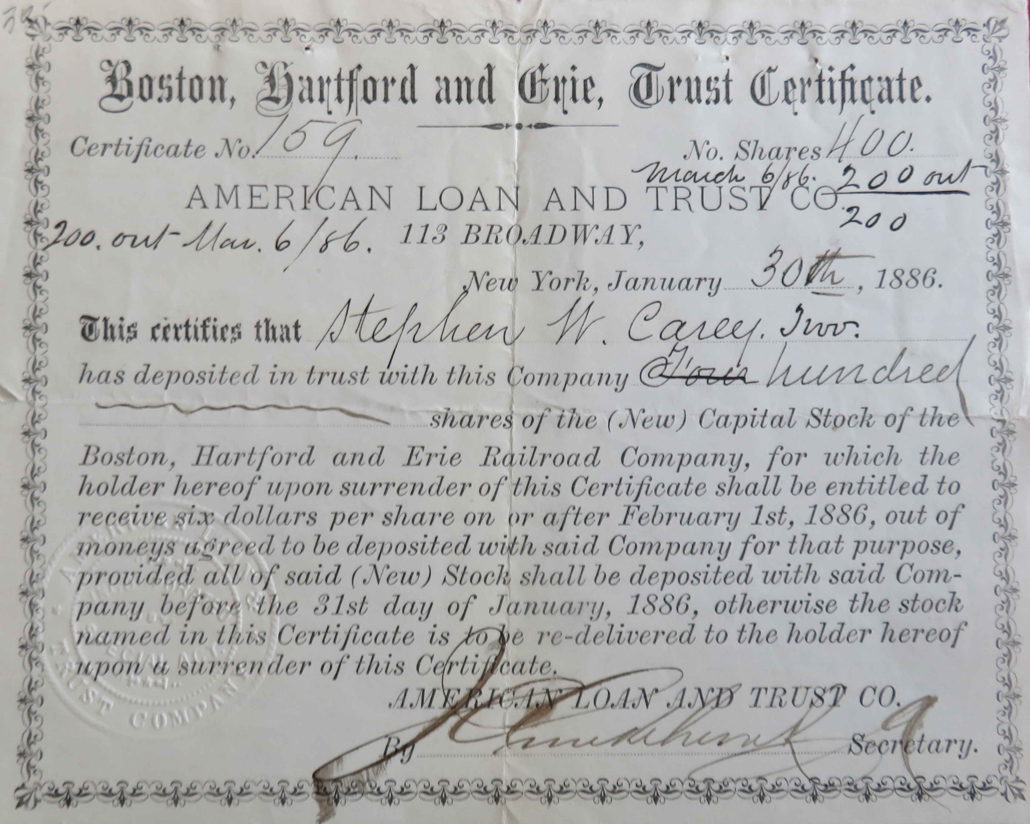 1886 Boston, Hartford & Erie Trust Stock Certificate