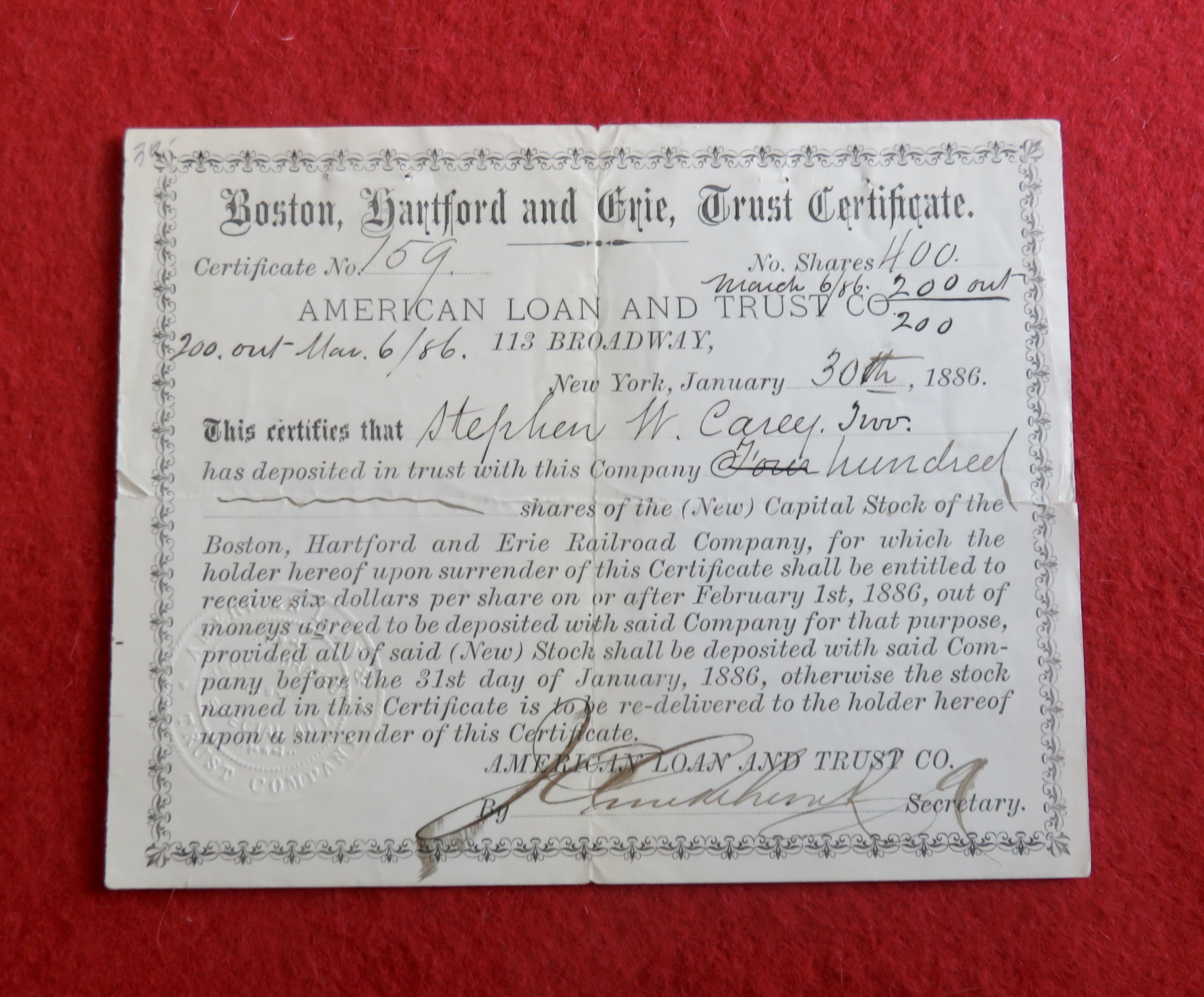 1886 Boston, Hartford & Erie Trust Stock Certificate