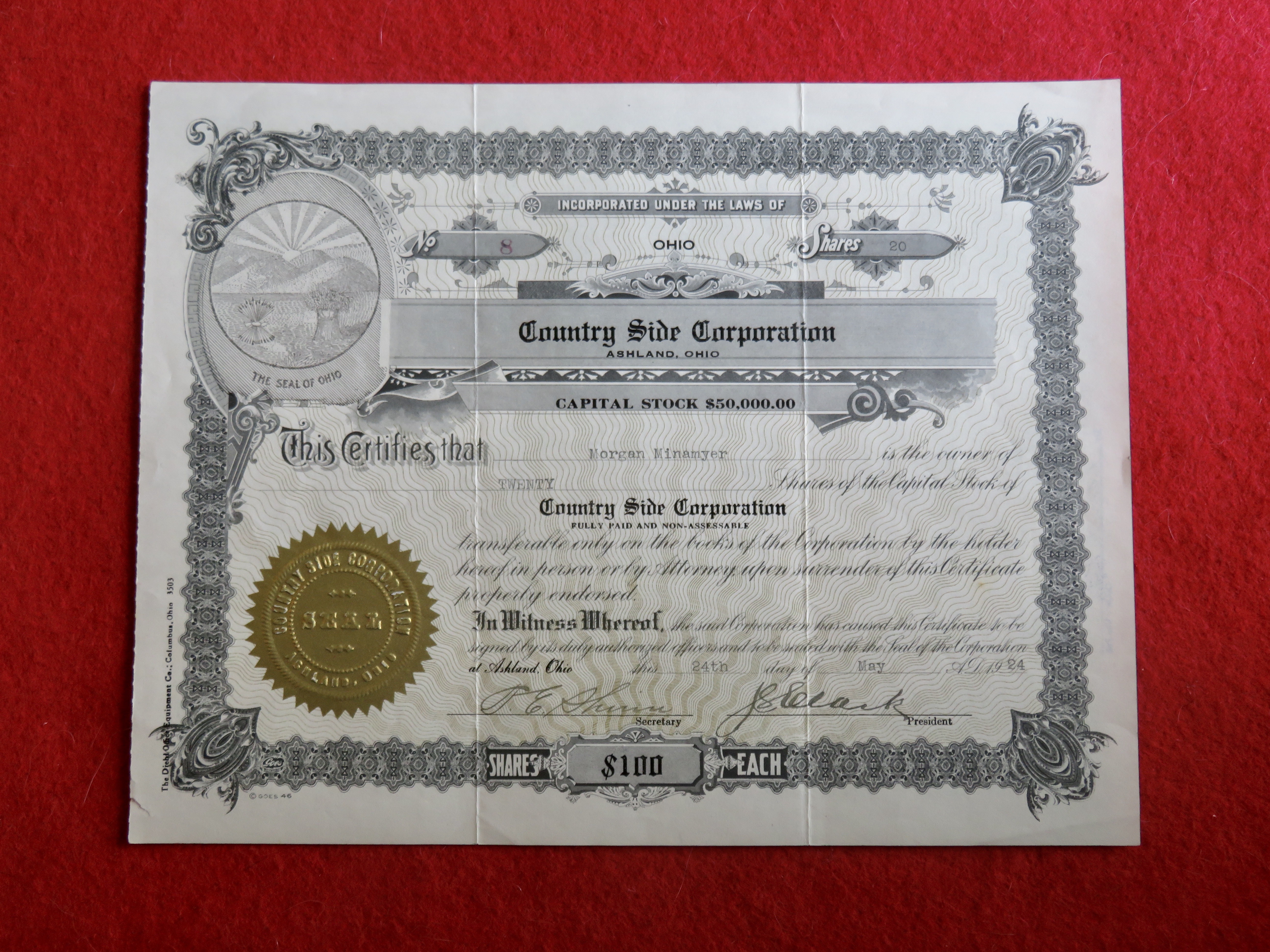1924 Country Side Corporation Stock Certificate