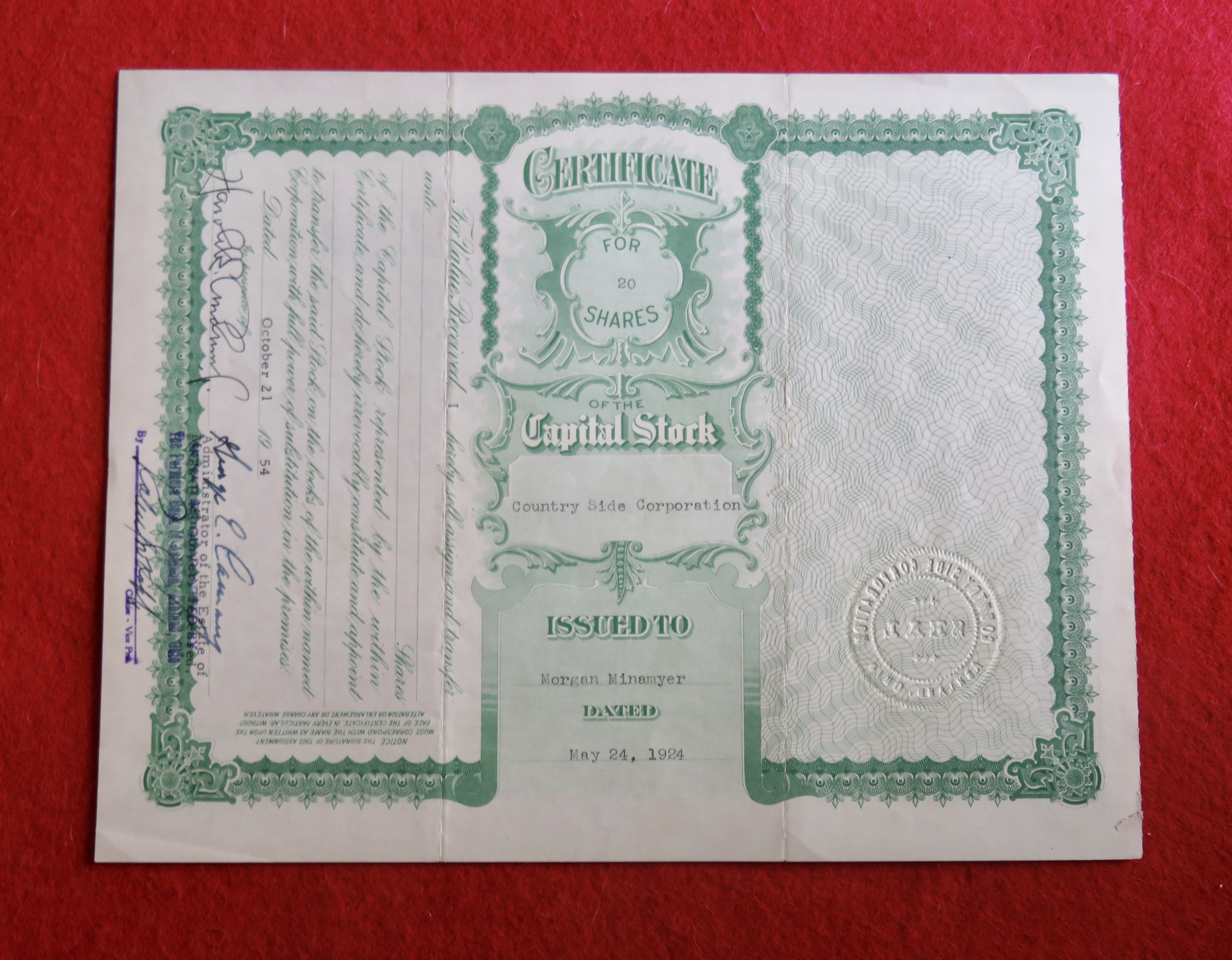 1924 Country Side Corporation Stock Certificate