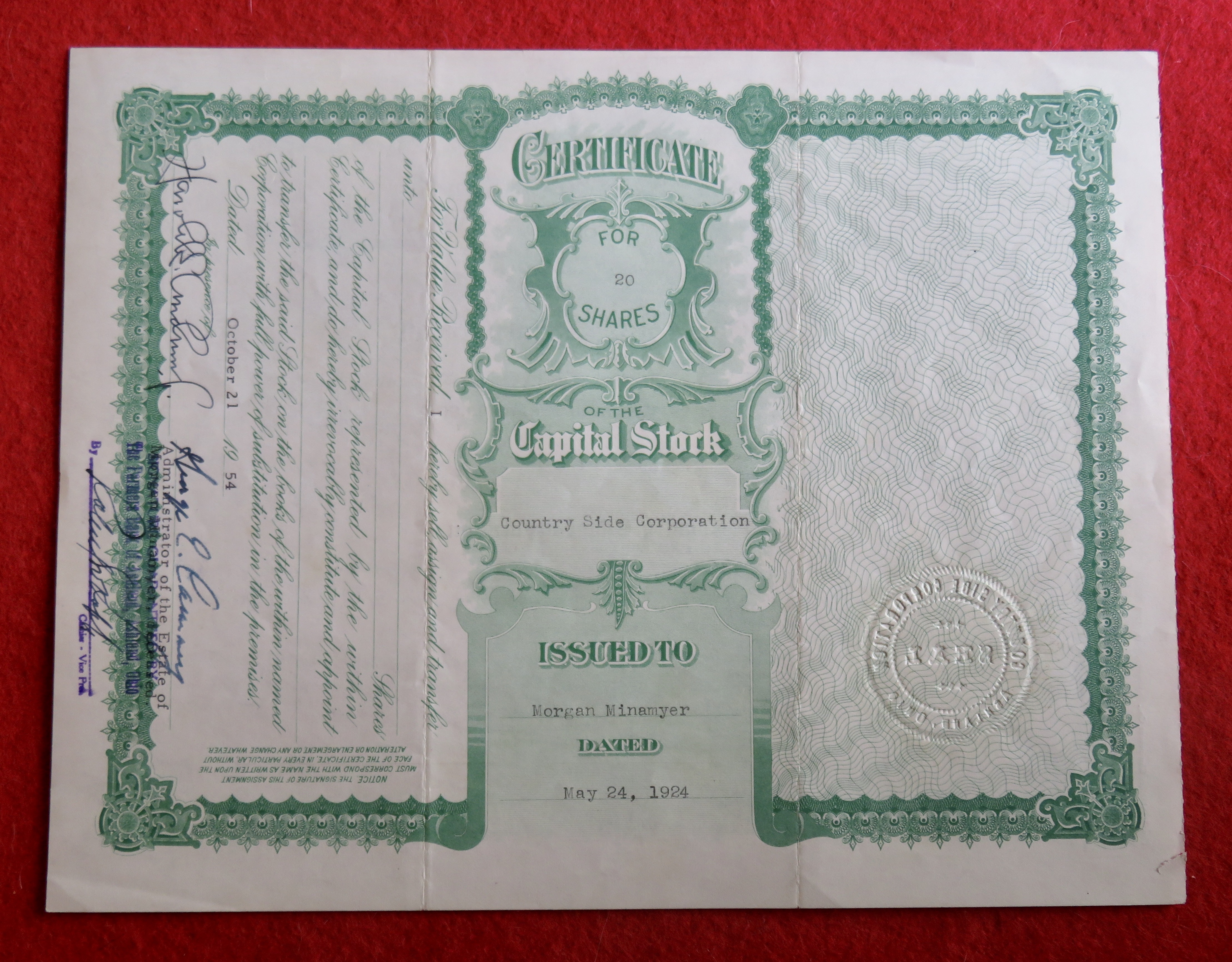 1924 Country Side Corporation Stock Certificate