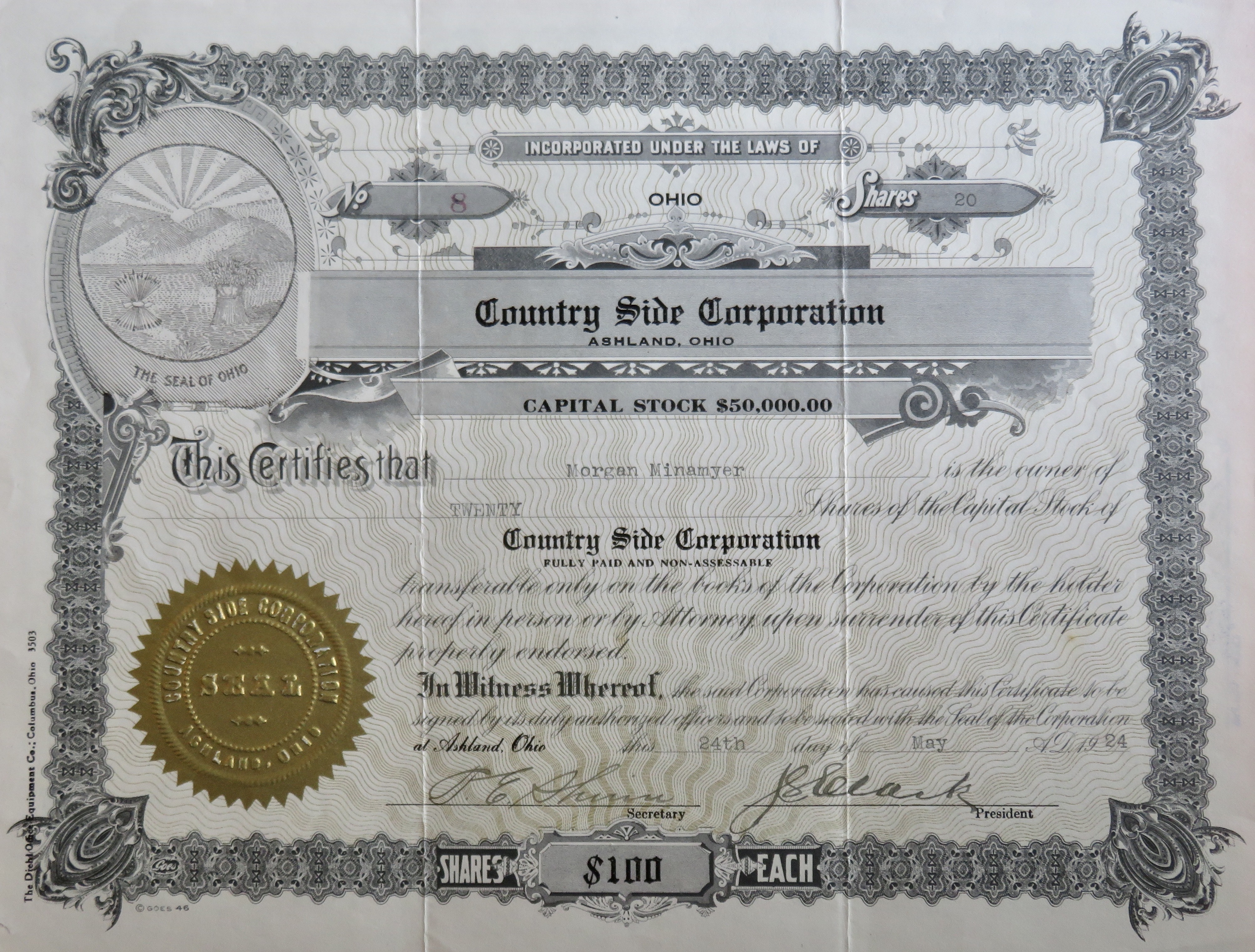 1924 Country Side Corporation Stock Certificate