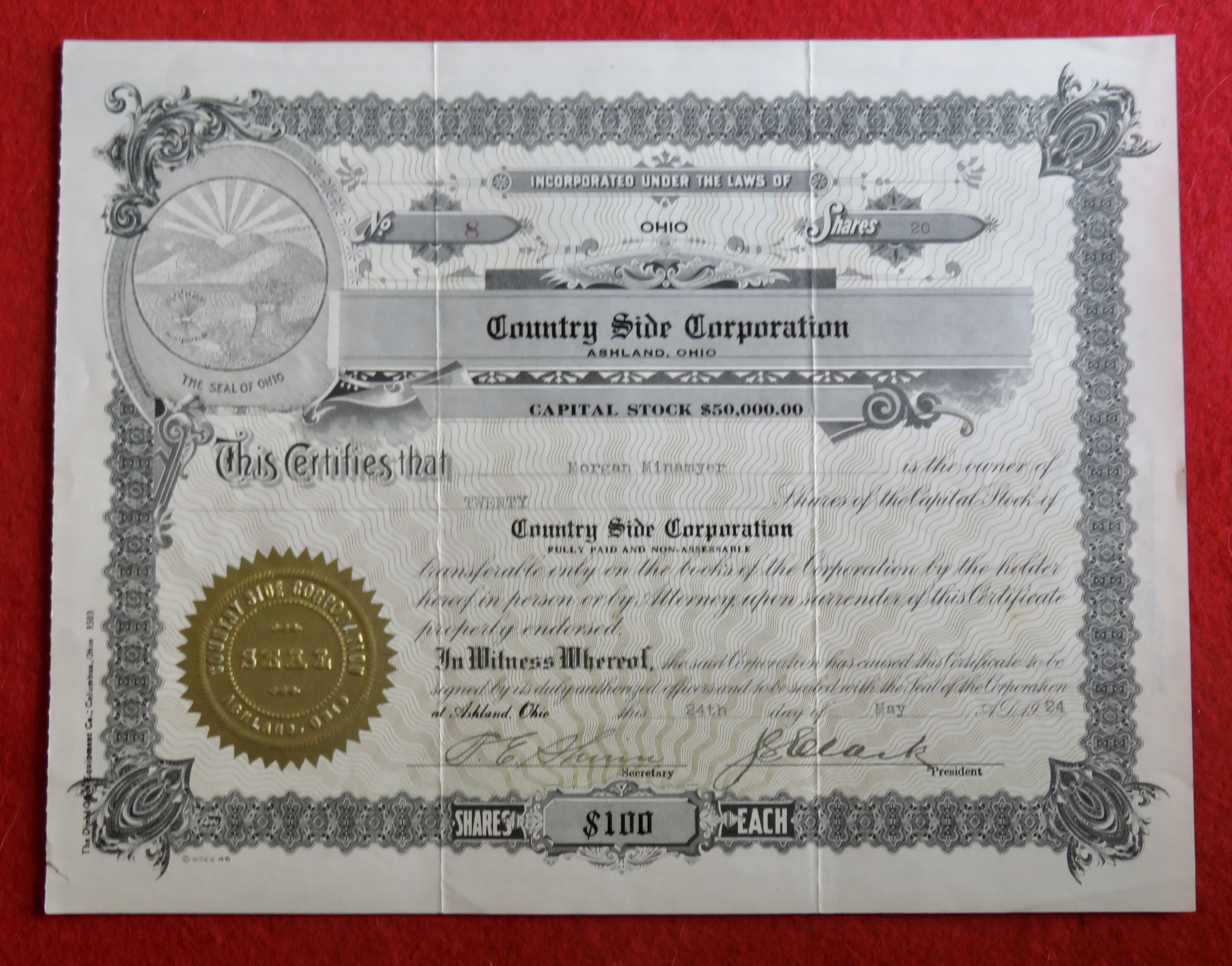 1924 Country Side Corporation Stock Certificate