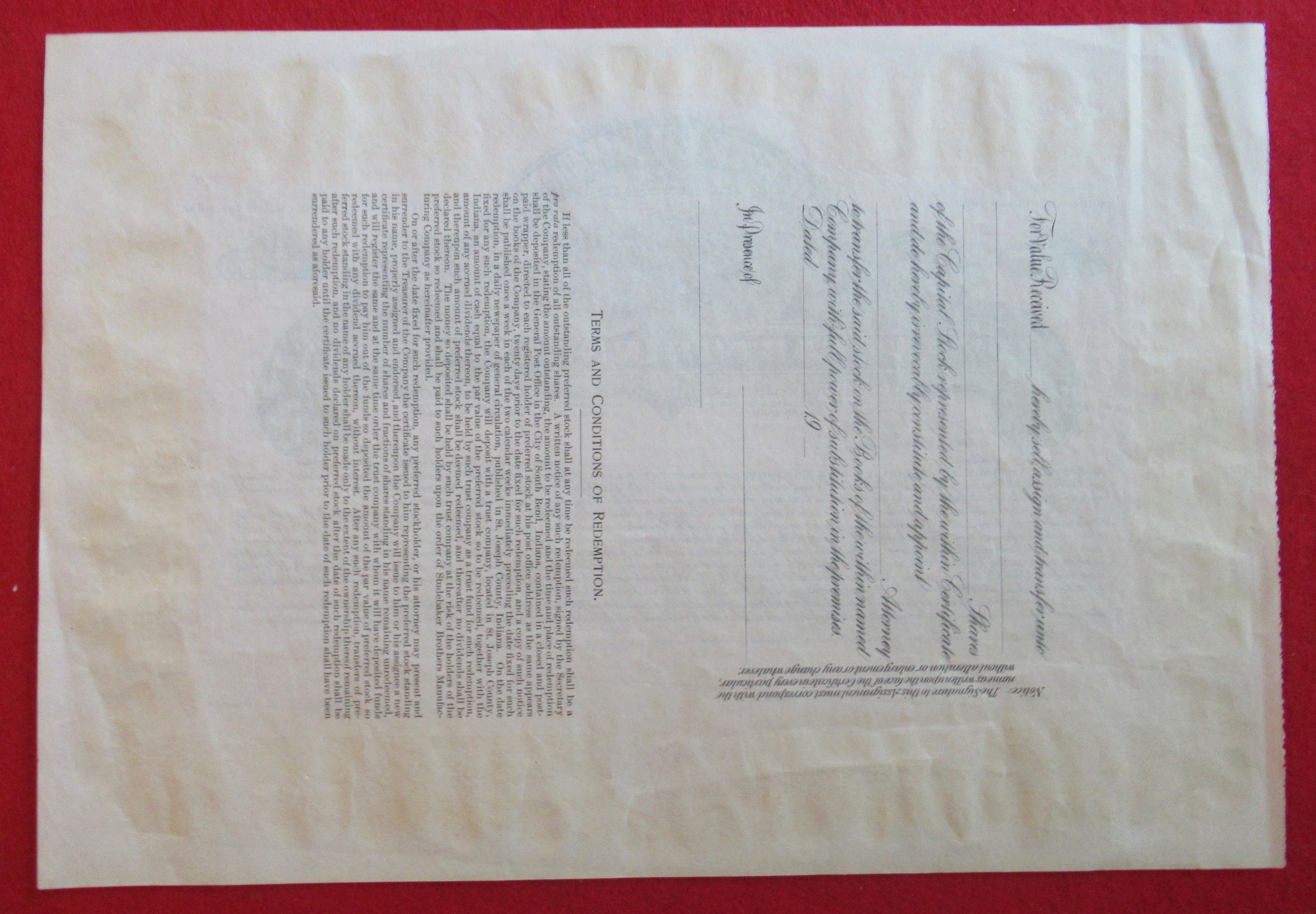 Studebaker Brothers Mfg Co Stock Certificate 1906