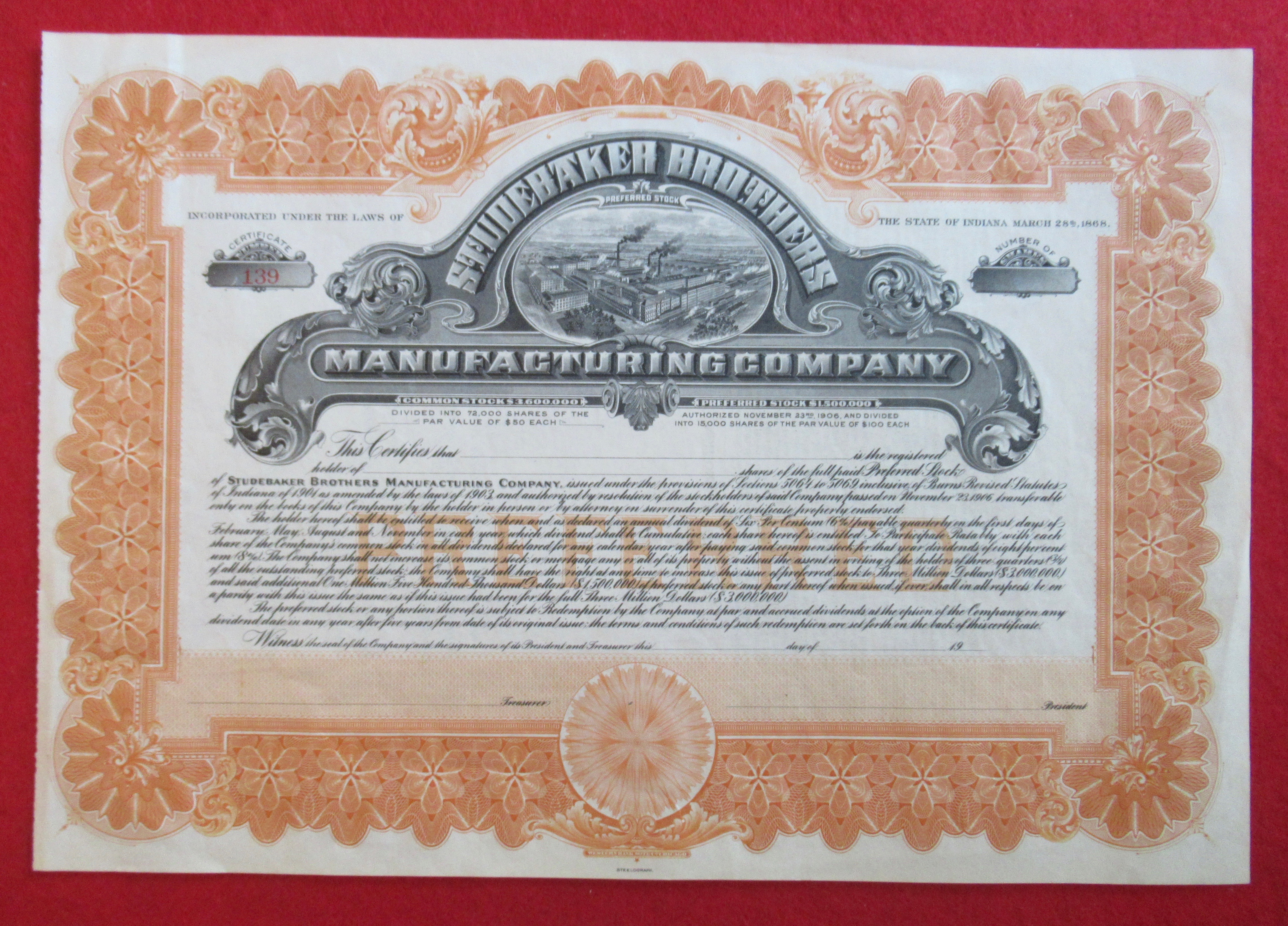Studebaker Brothers Mfg Co Stock Certificate 1906