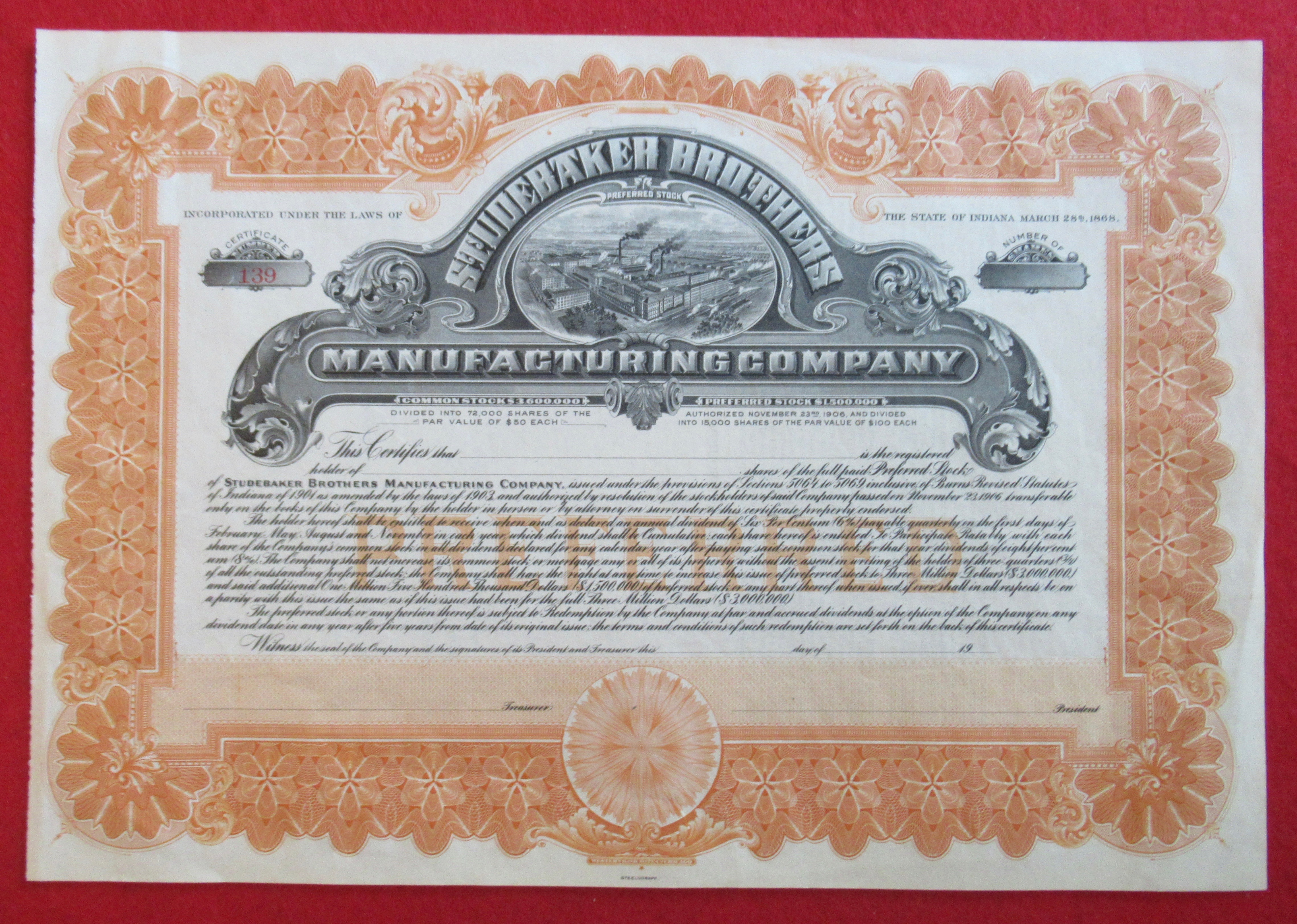 Studebaker Brothers Mfg Co Stock Certificate 1906
