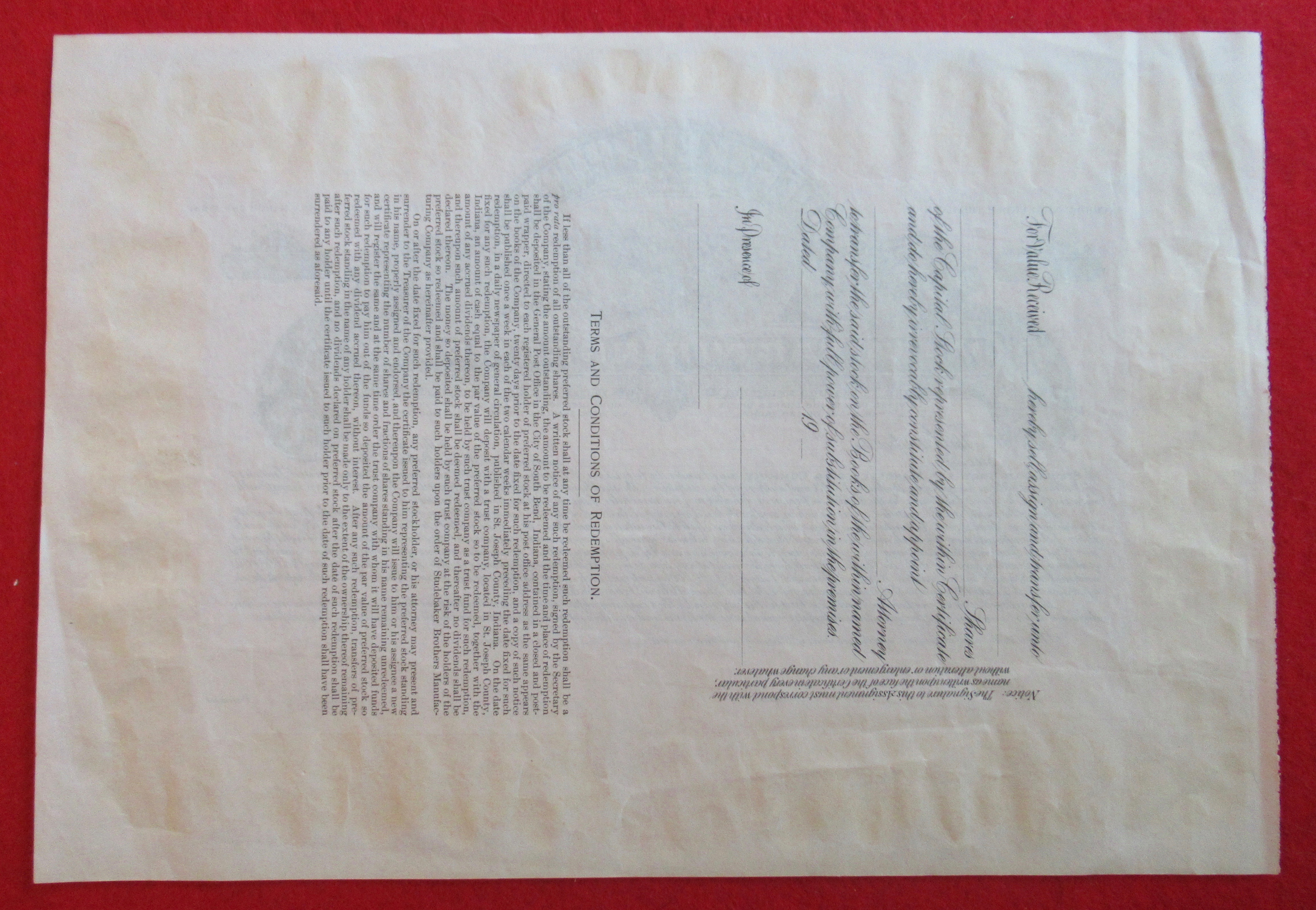 Studebaker Brothers Mfg Co Stock Certificate 1906