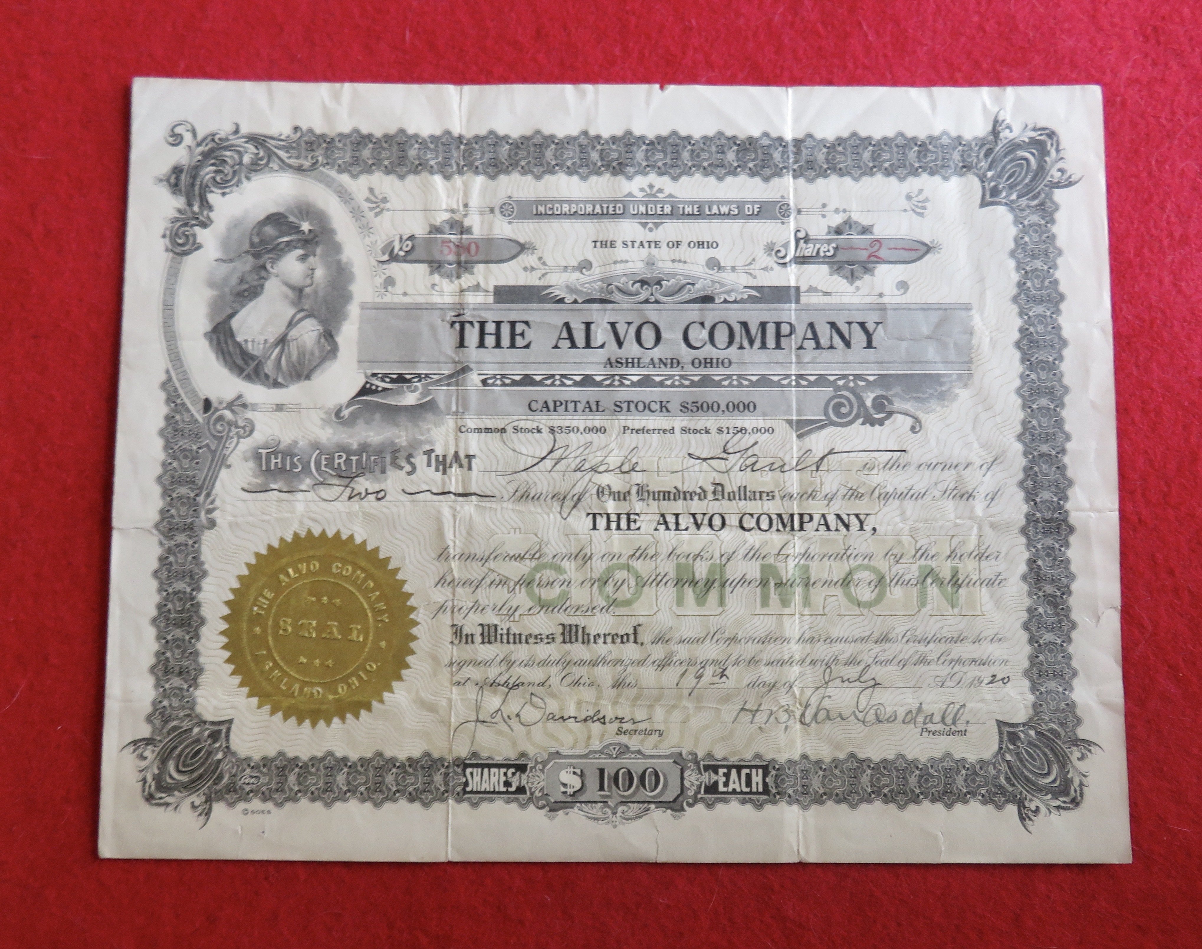1920 The Alvo Company Stock Certificate