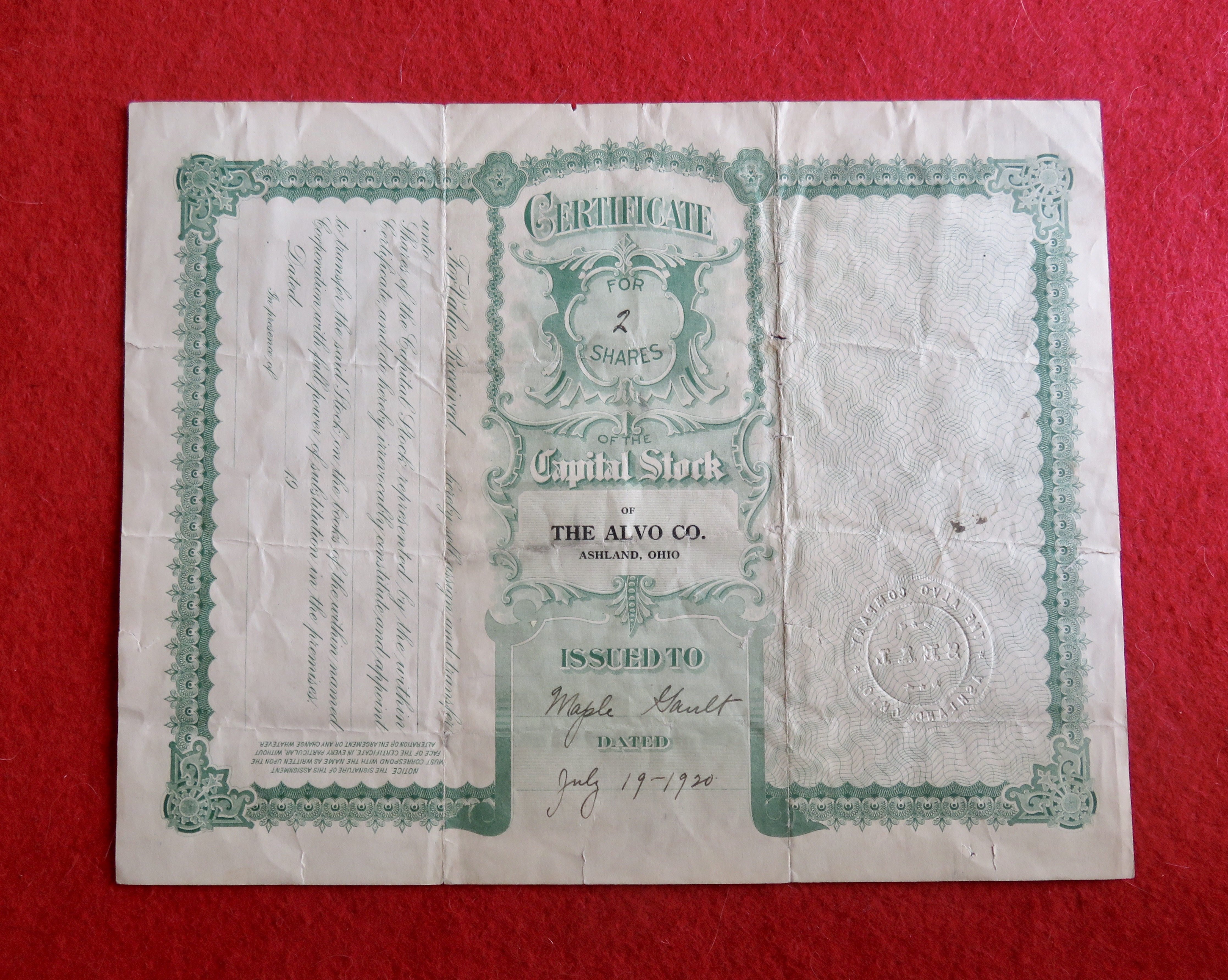 1920 The Alvo Company Stock Certificate