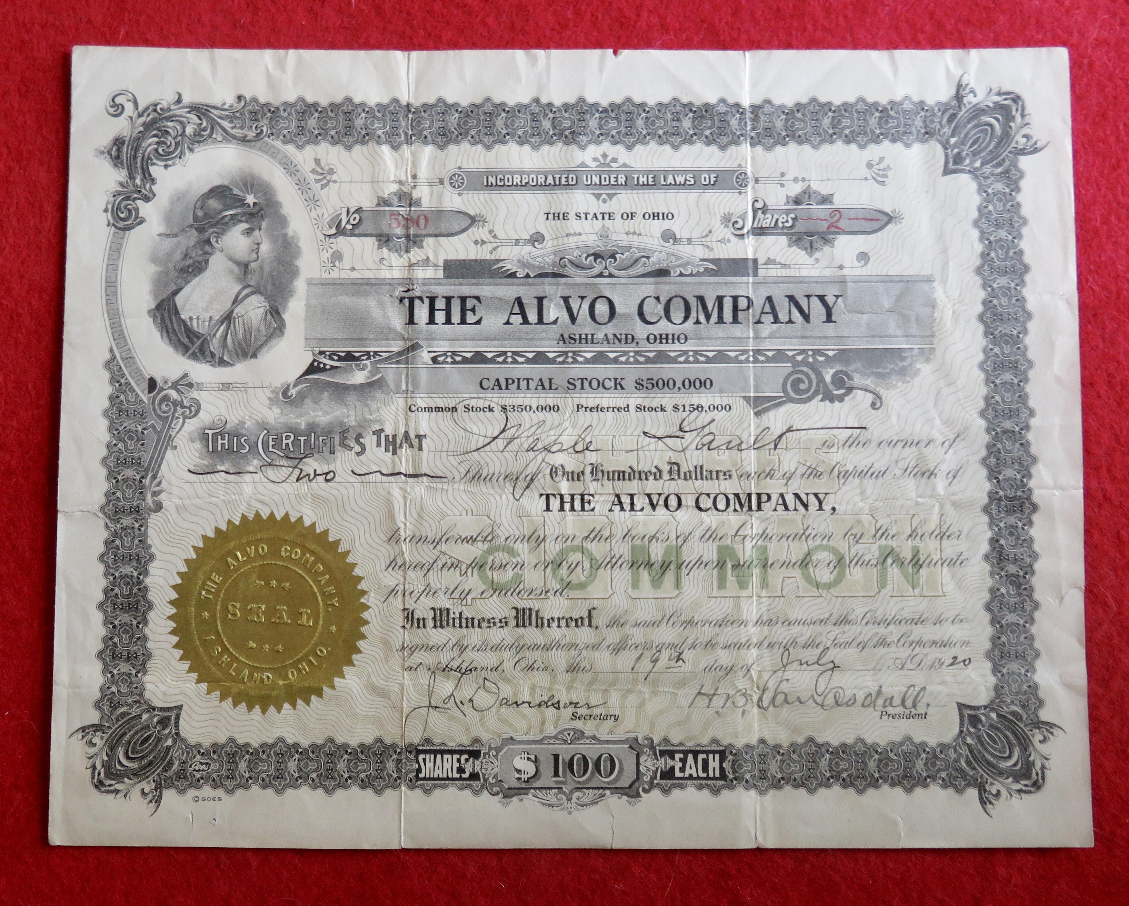 1920 The Alvo Company Stock Certificate