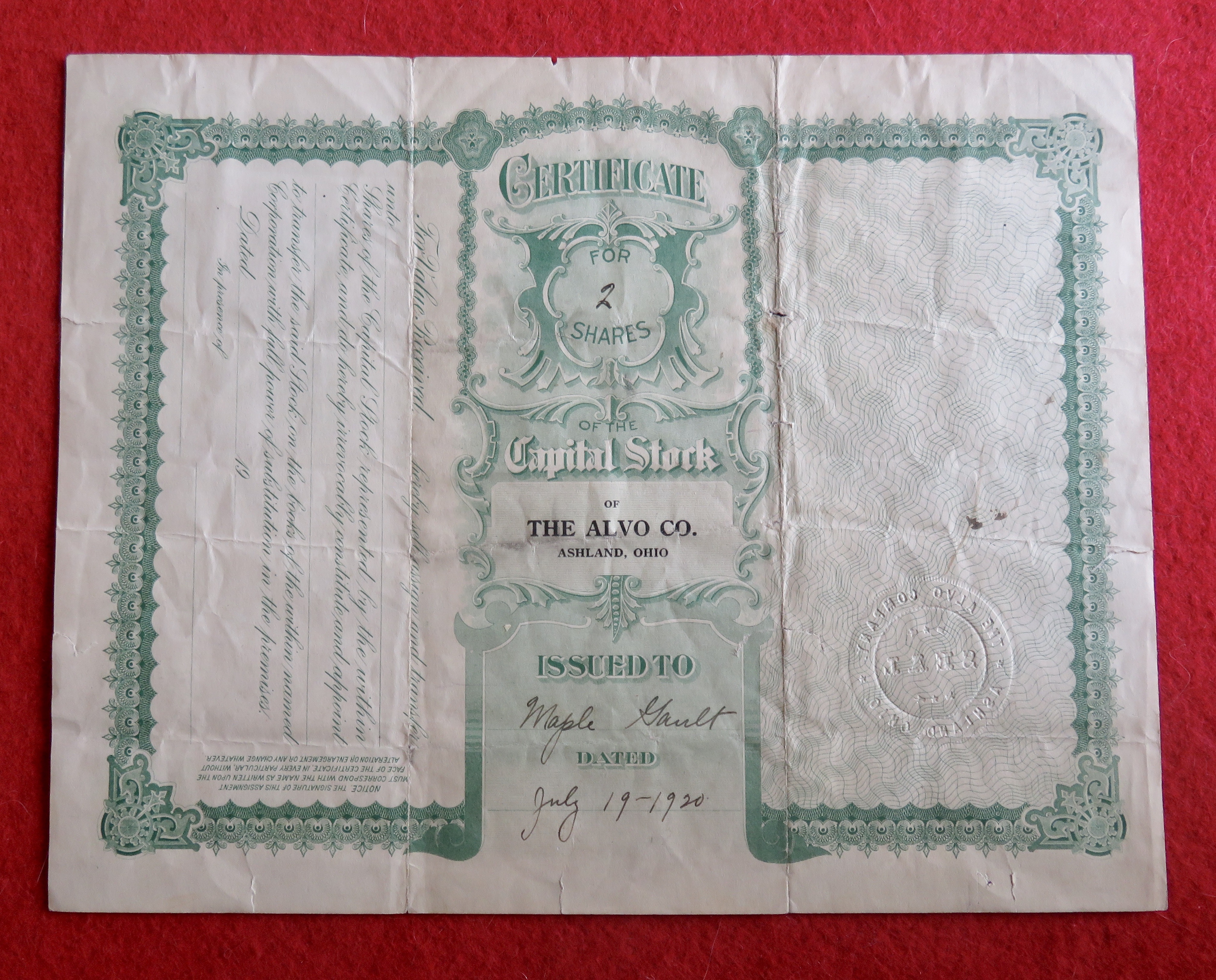 1920 The Alvo Company Stock Certificate