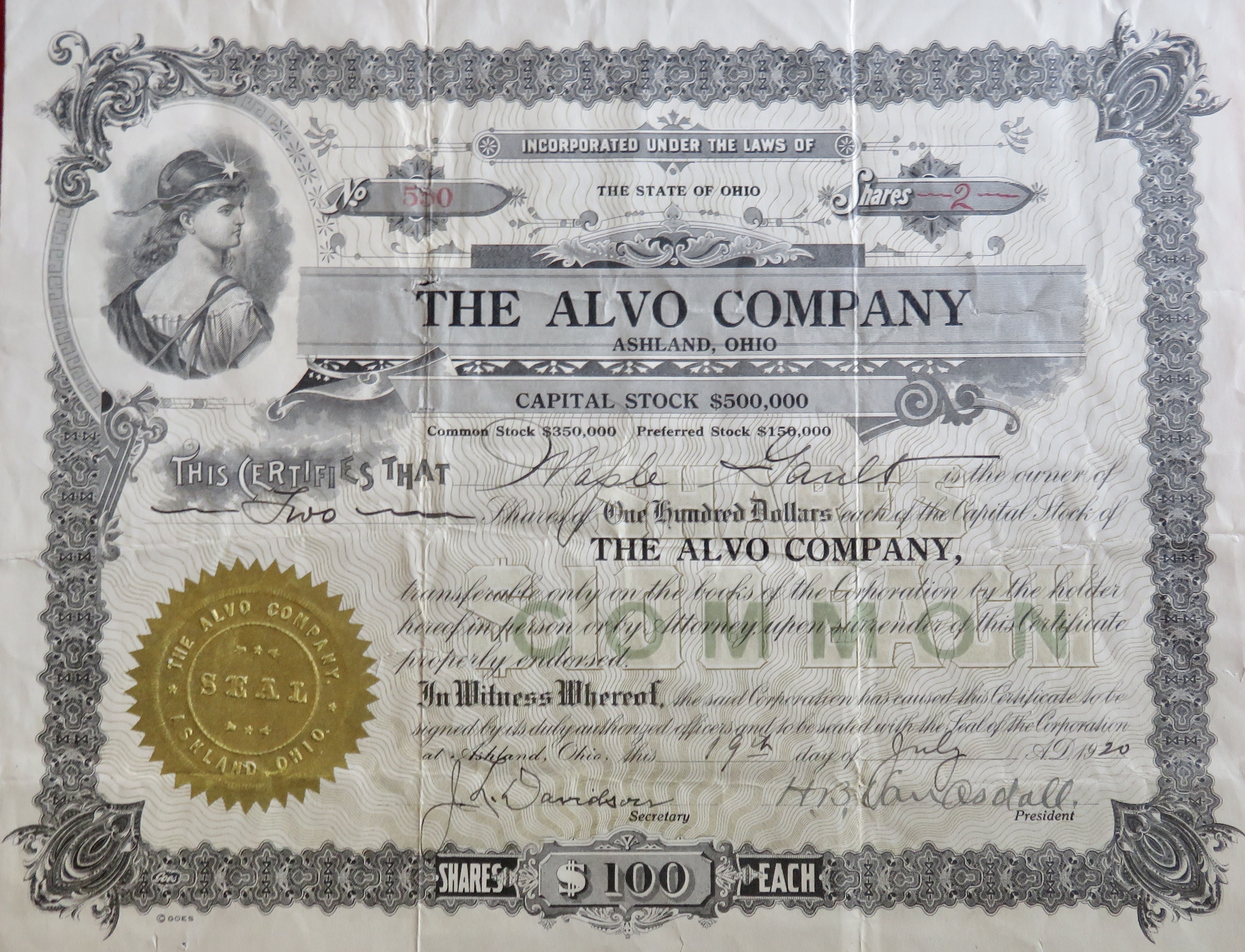 1920 The Alvo Company Stock Certificate