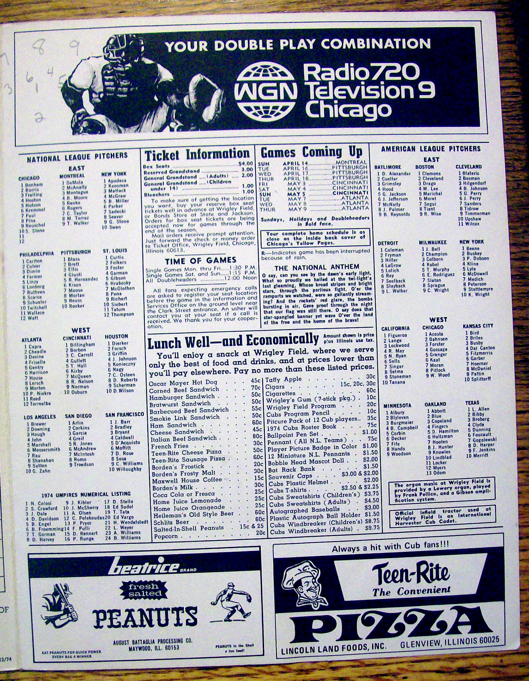 Chicago Cubs vs. Montreal Expos Scorecard April 1974