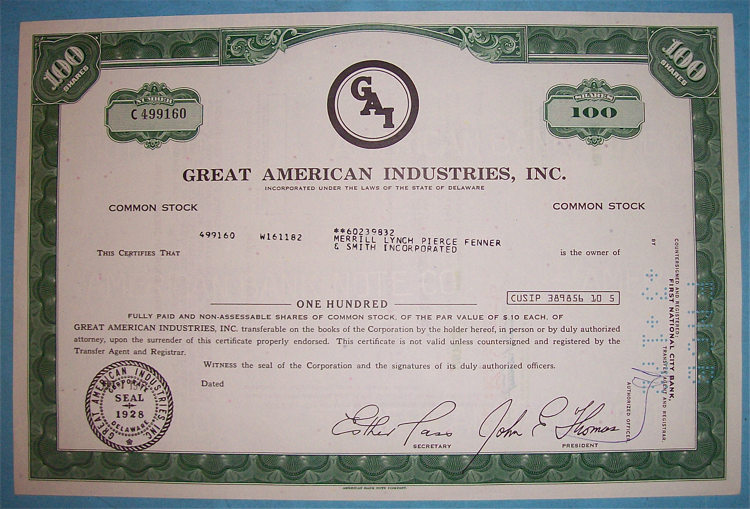 1971 Great American Industries 100 Shares Stock