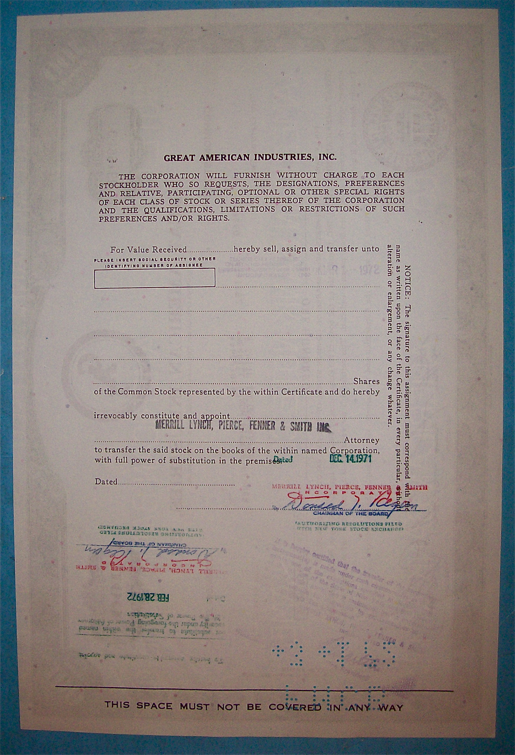 1971 Great American Industries 100 Shares Stock