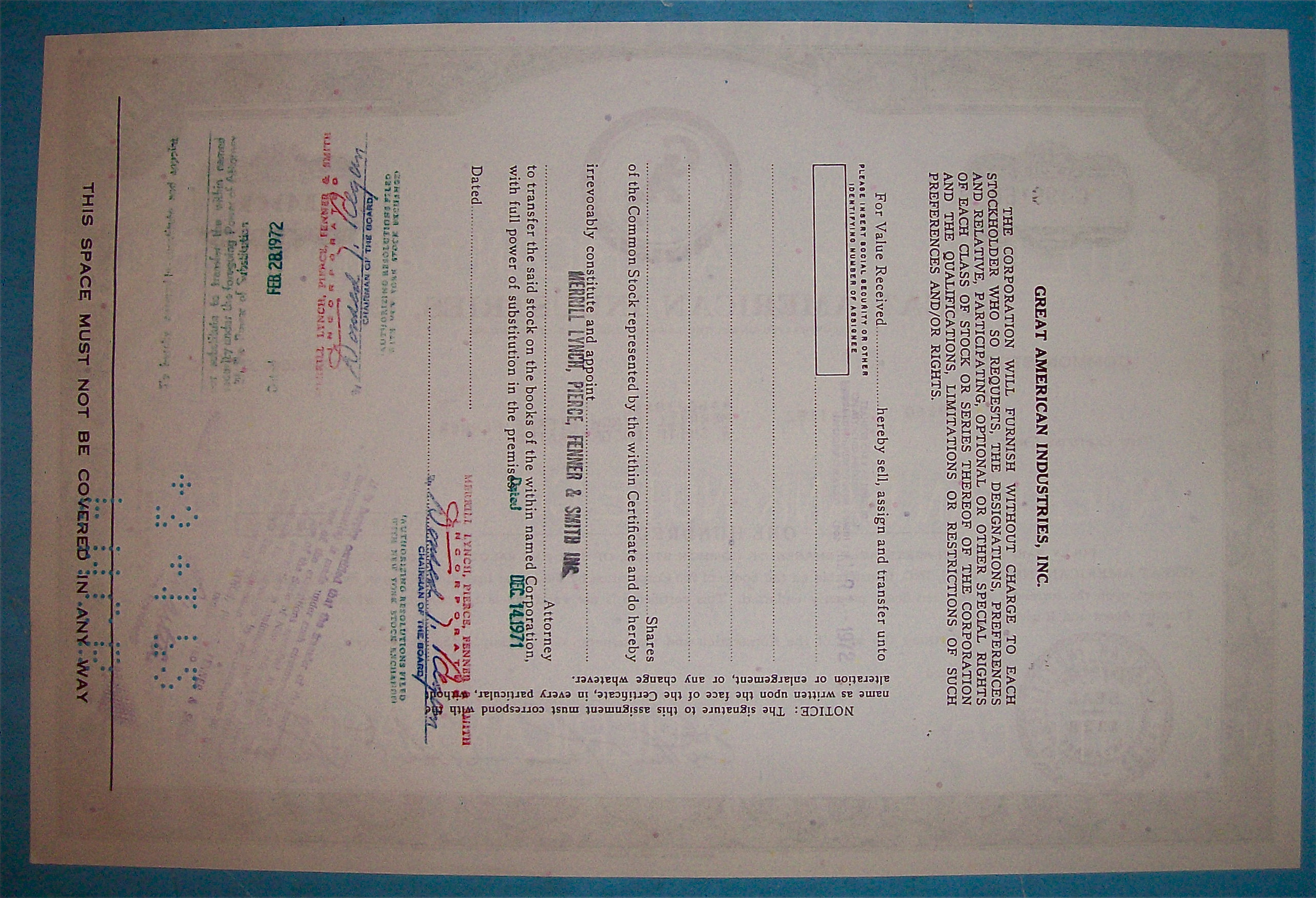 1971 Great American Industries 100 Shares Stock