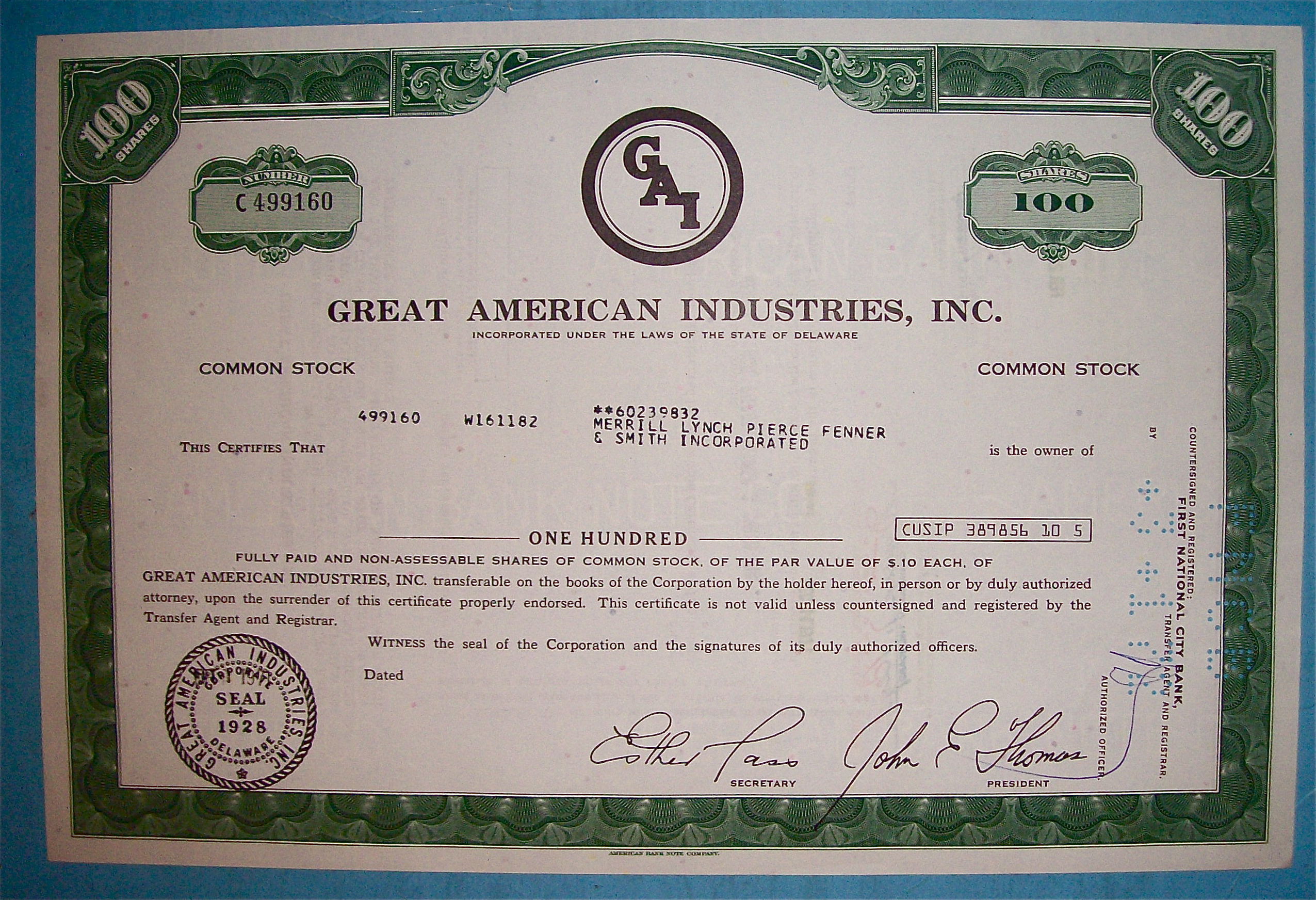 1971 Great American Industries 100 Shares Stock