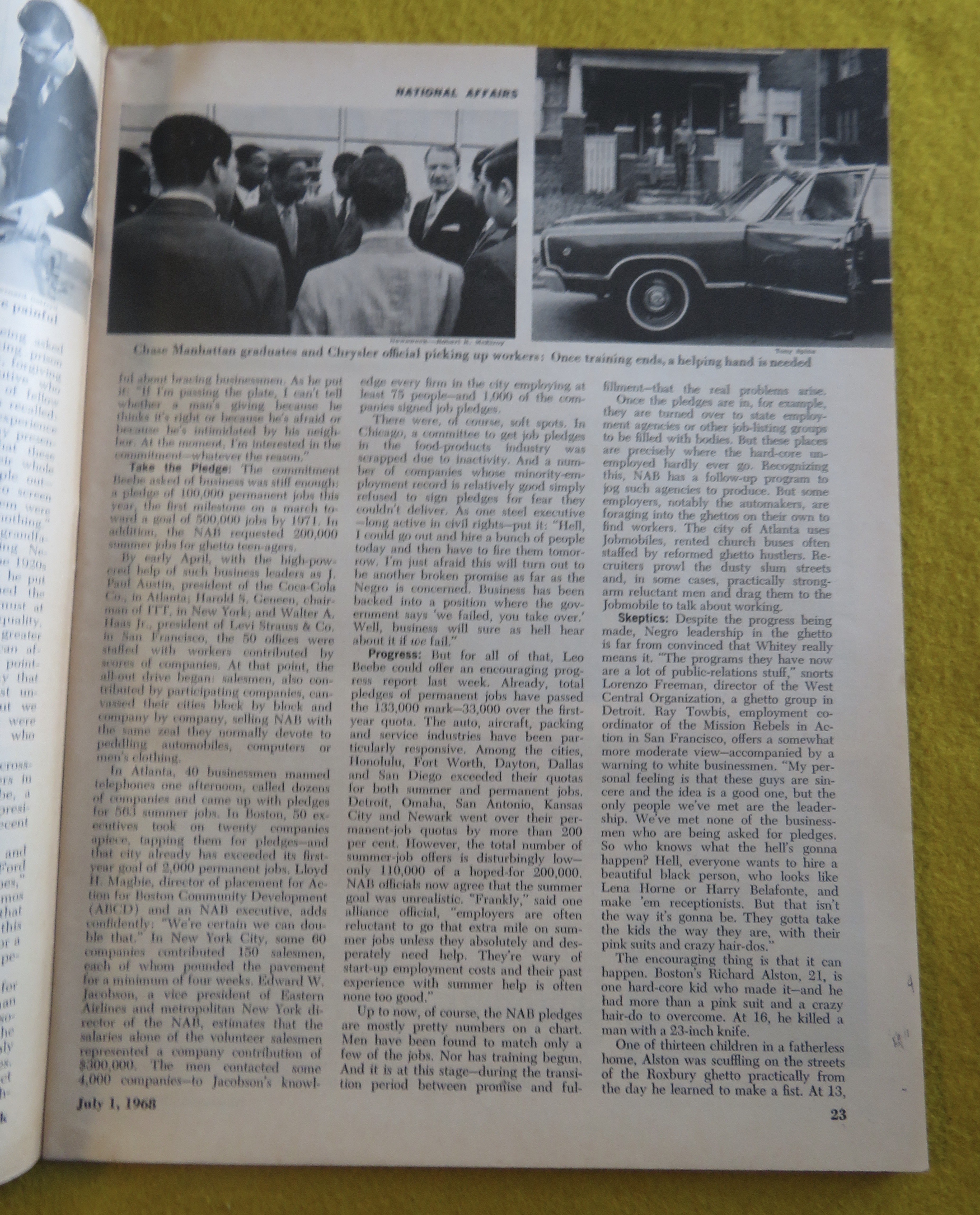 Newsweek Magazine July  1, 1968 Target: Negro Jobs