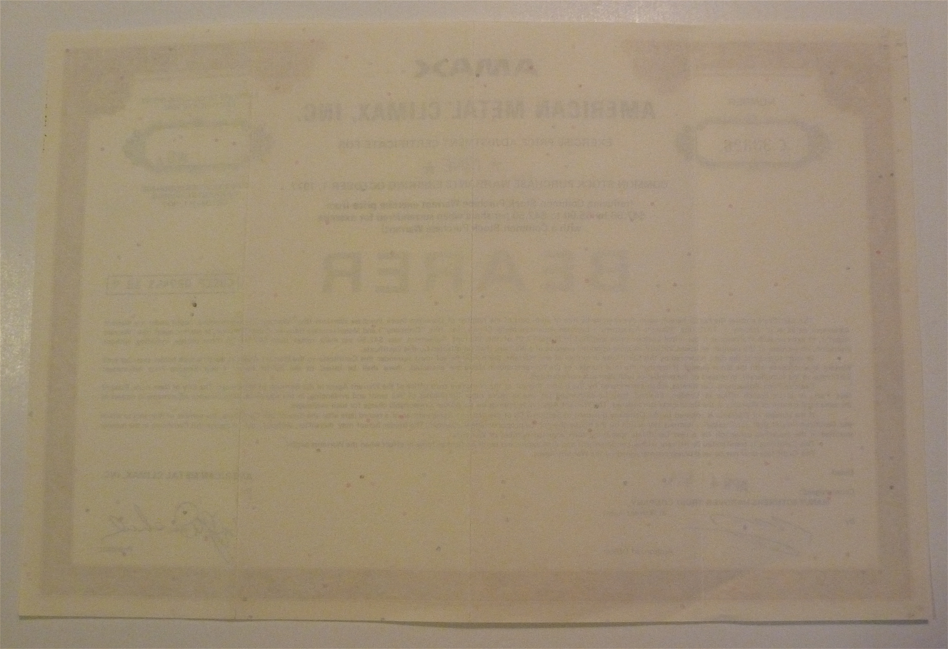 1974 American Metal Climax Inc. Stock Certificate