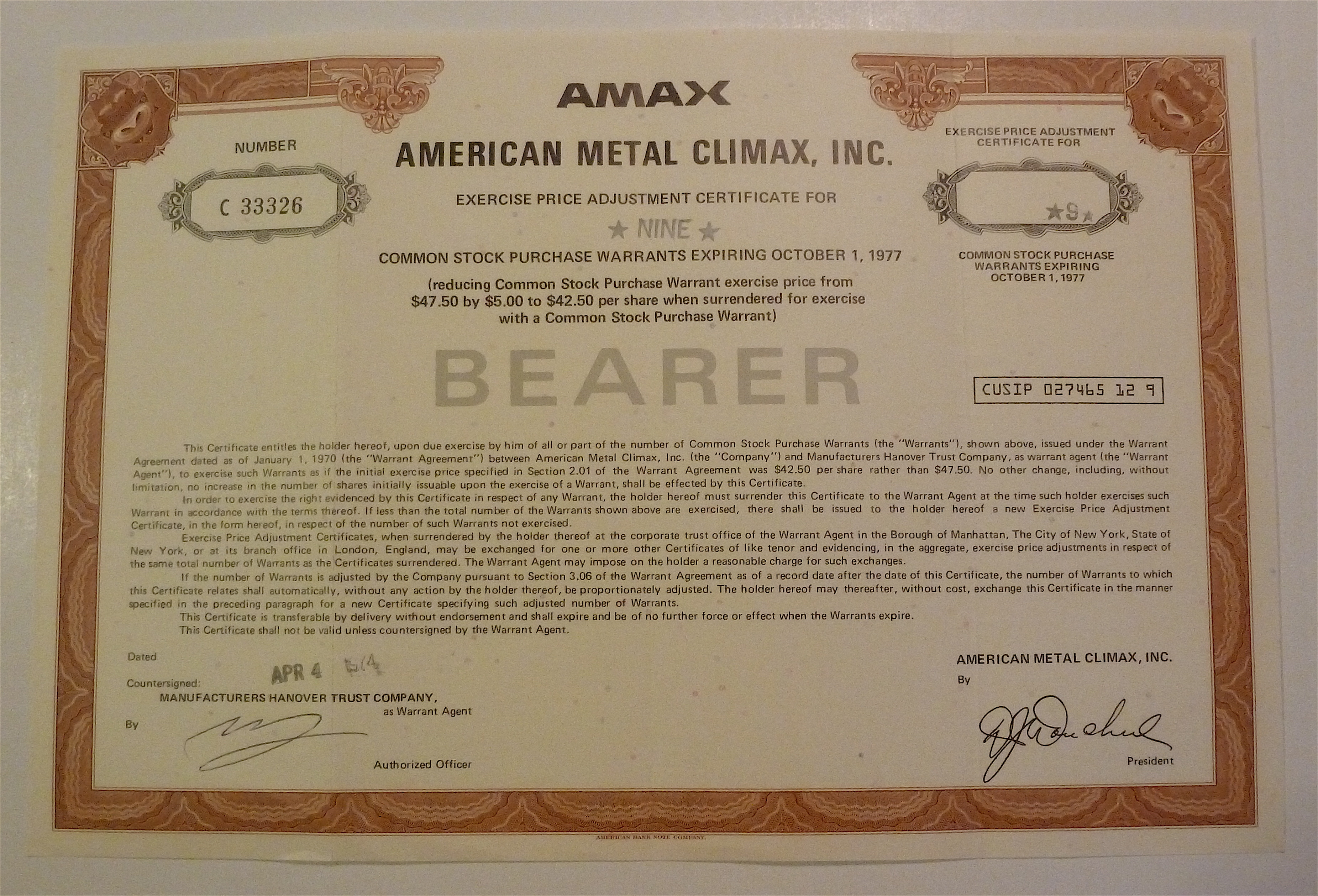 1974 American Metal Climax Inc. Stock Certificate