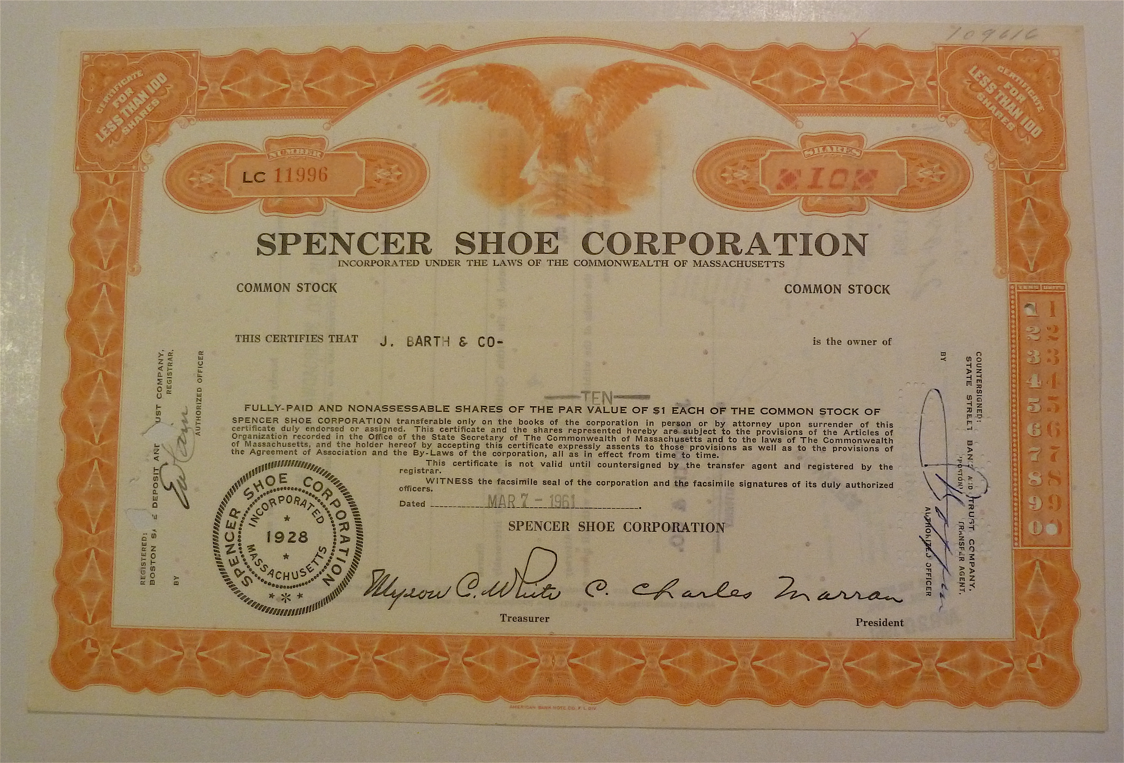 1961 Spencer Shoe Corporation Stock Certificate