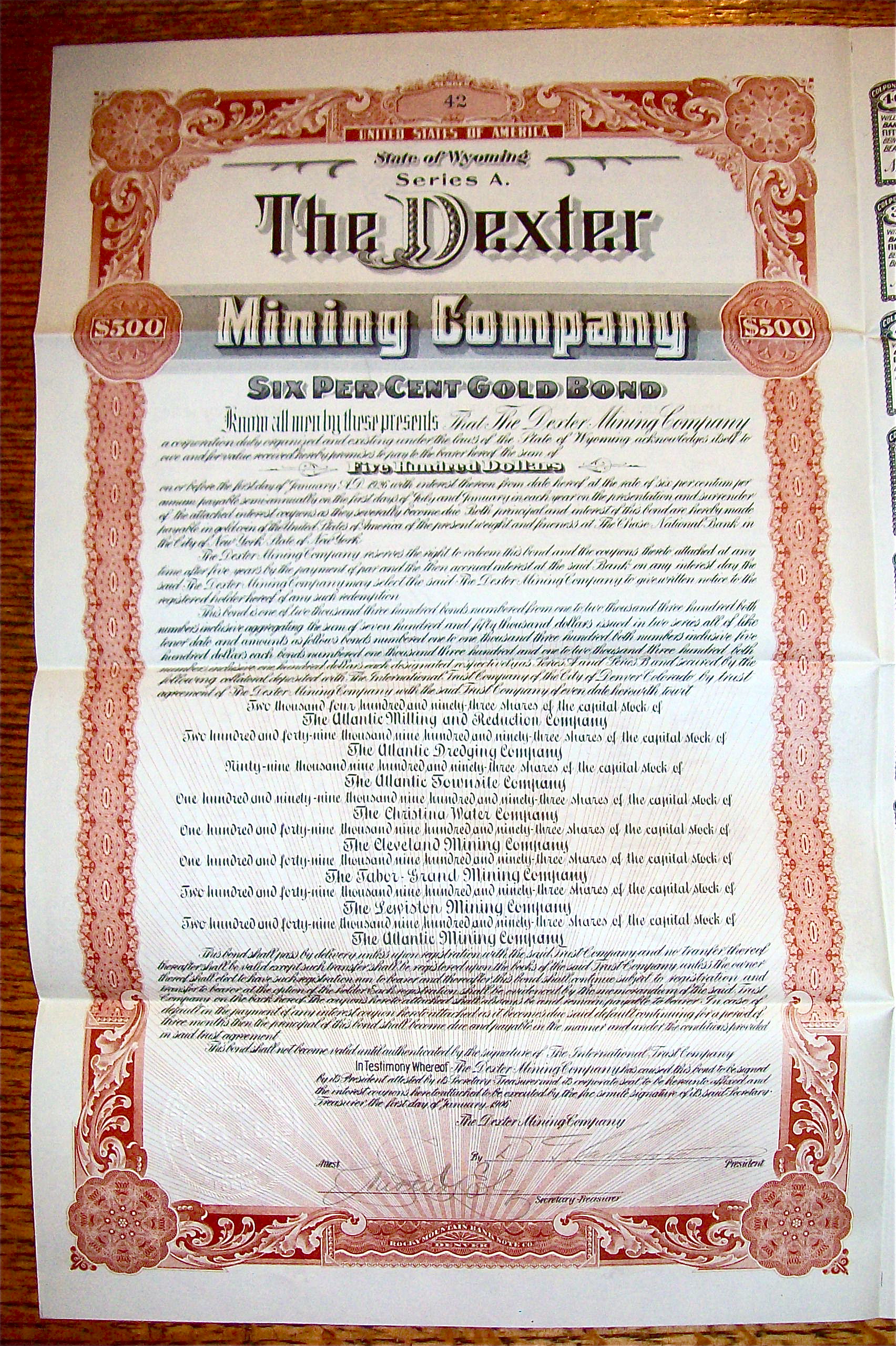 1905 Dexter Mining Company $500 Gold Bond