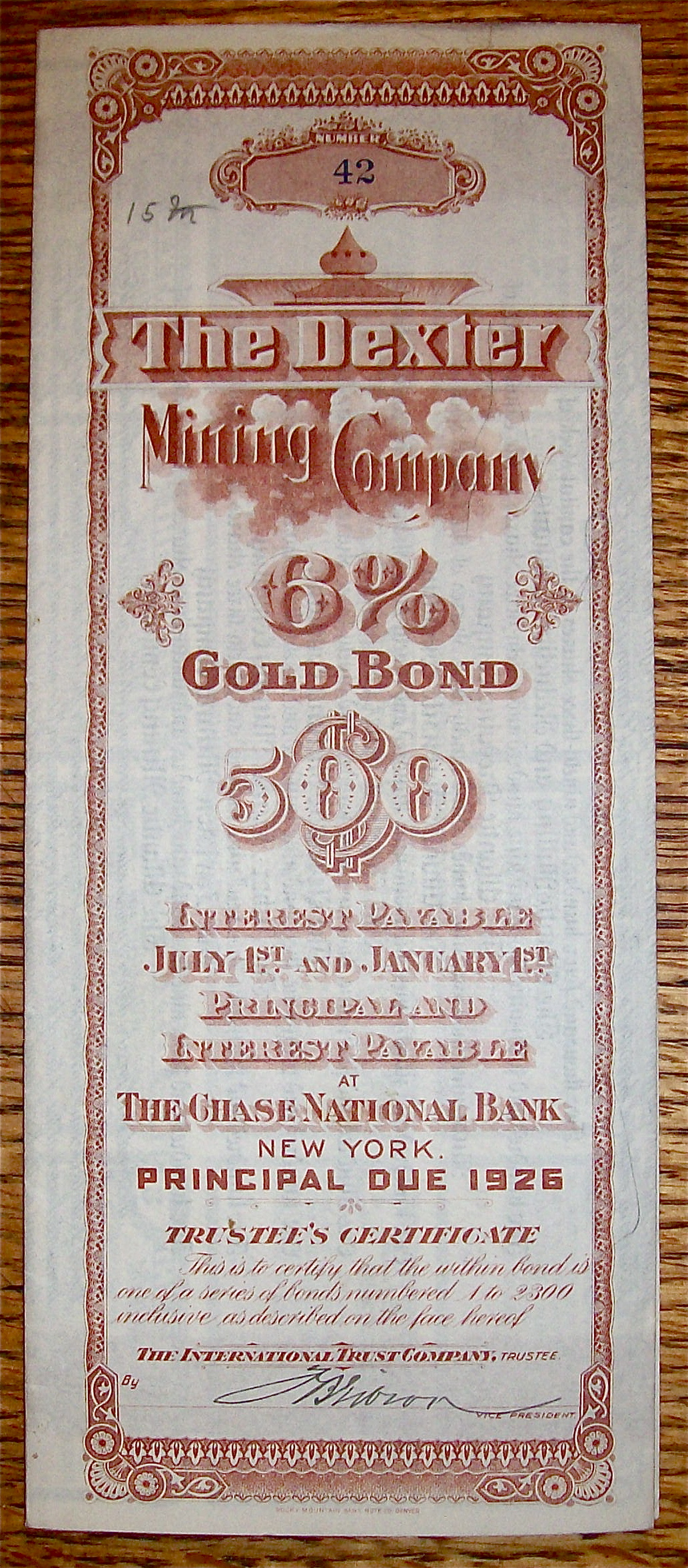1905 Dexter Mining Company $500 Gold Bond