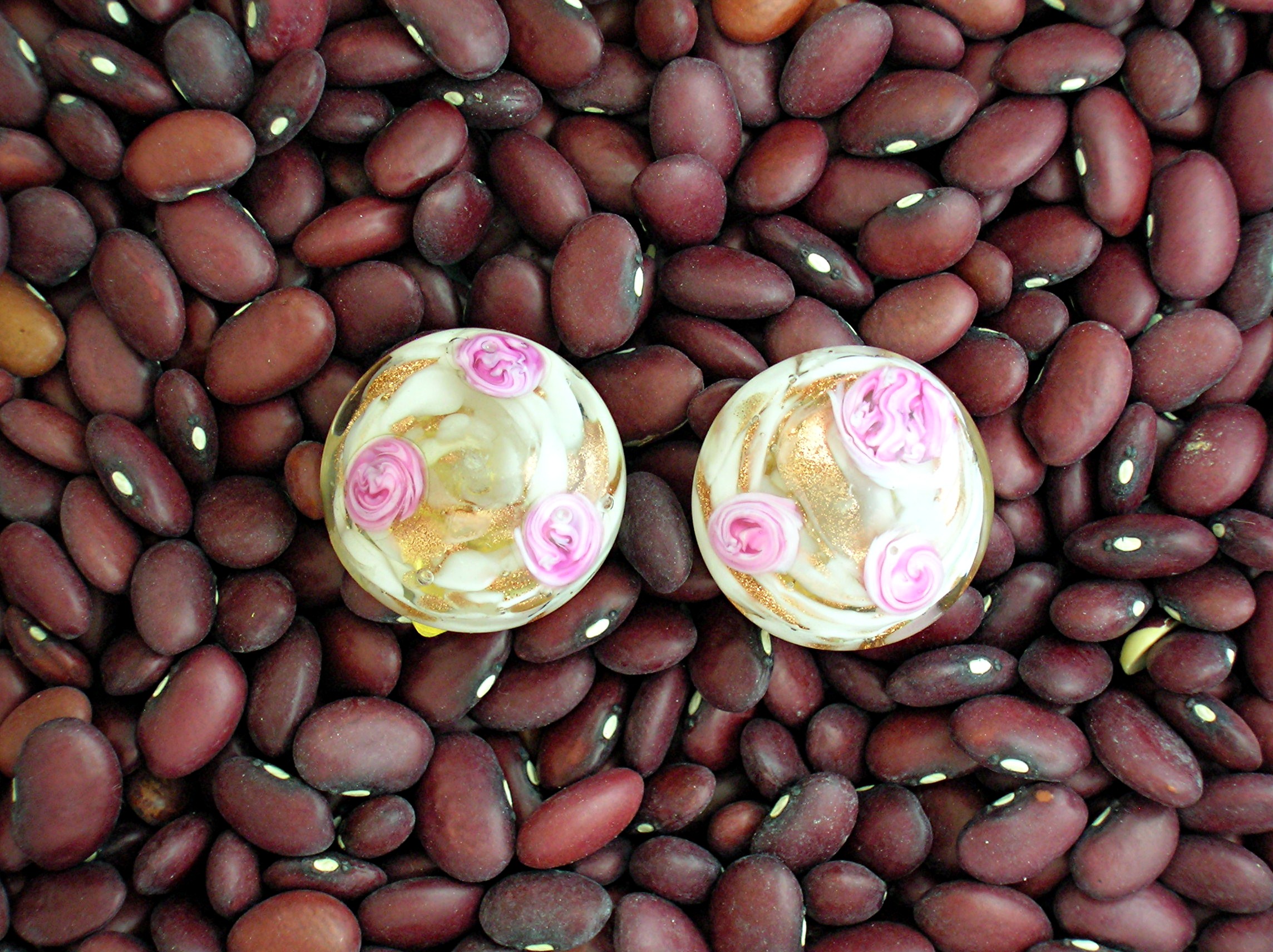 Clip Earrings Venetian Glass Pink Roses